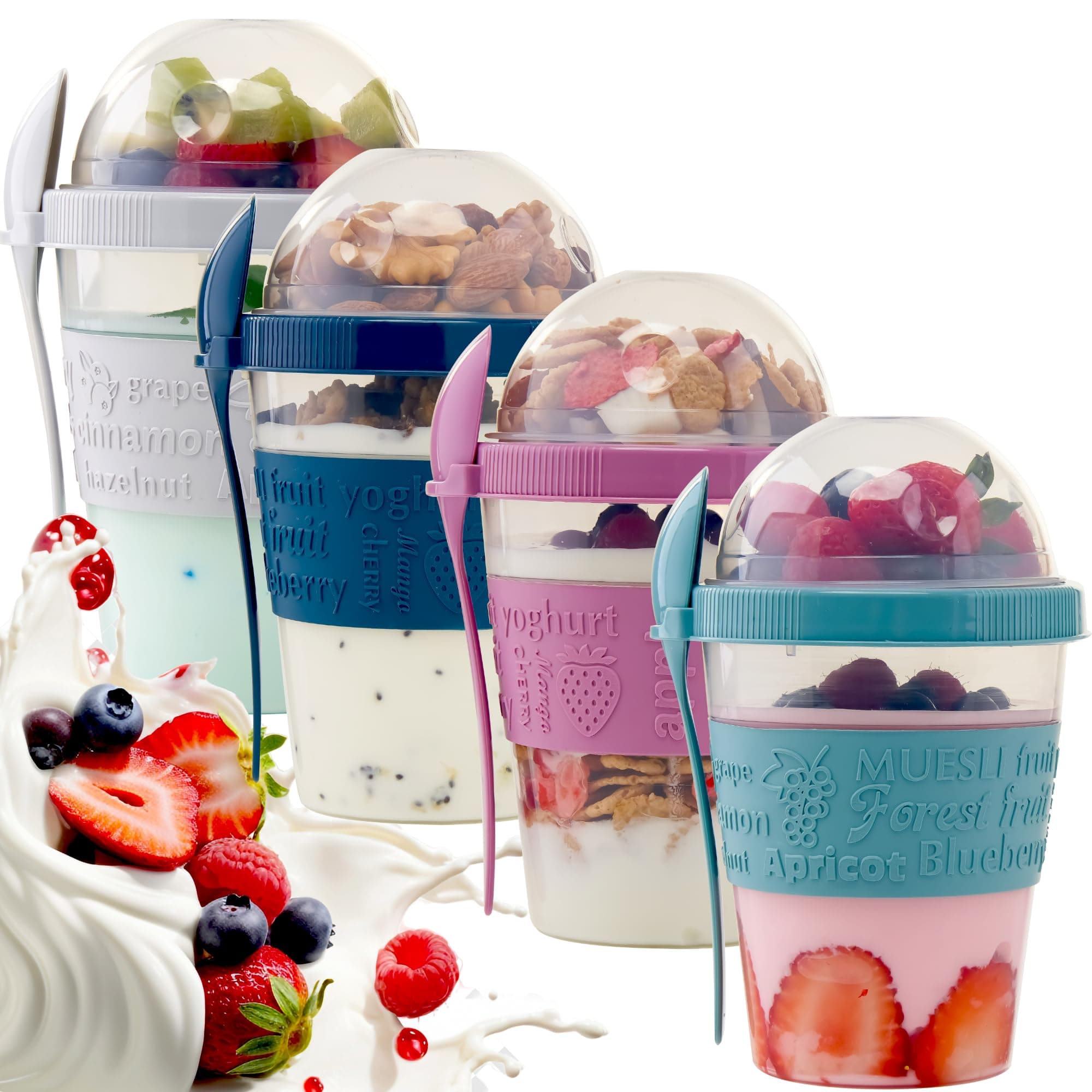 BCS4 Pack Yogurt Parfait Cups with Lids Reusable Take and Go Yogurt Containers with Lids and Spoons Overnight Oats Containers Breakfast on the Go Durable Cups with Topping for Cereal Granola (20 oz)