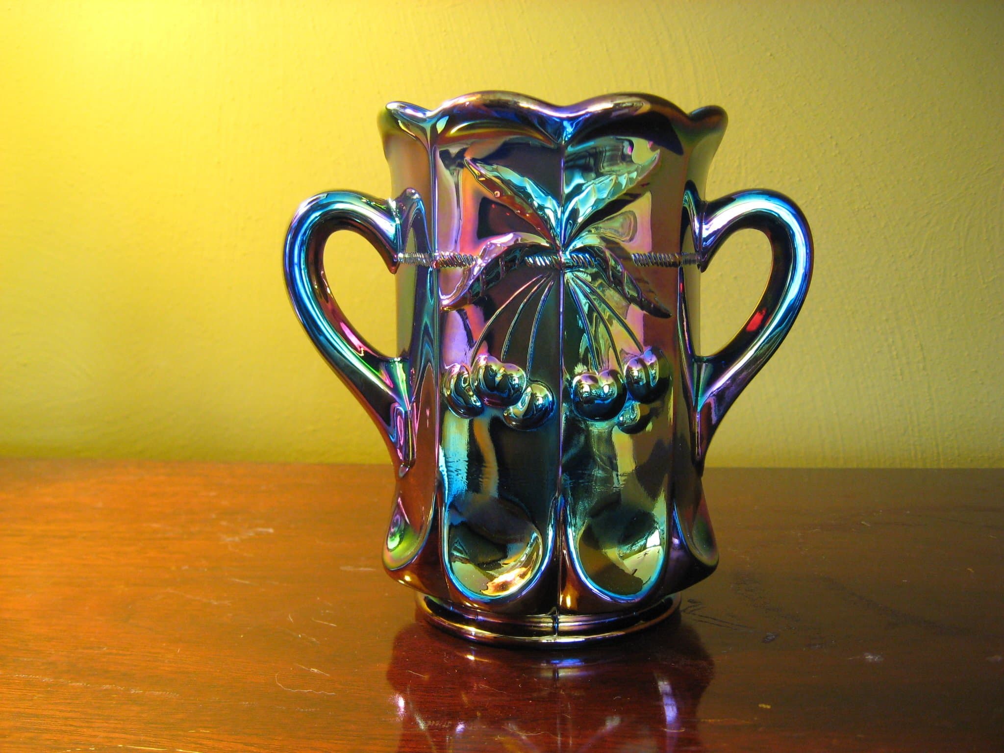 Black Amethyst Carnival Glass Cherry Pattern Spooner with Handles
