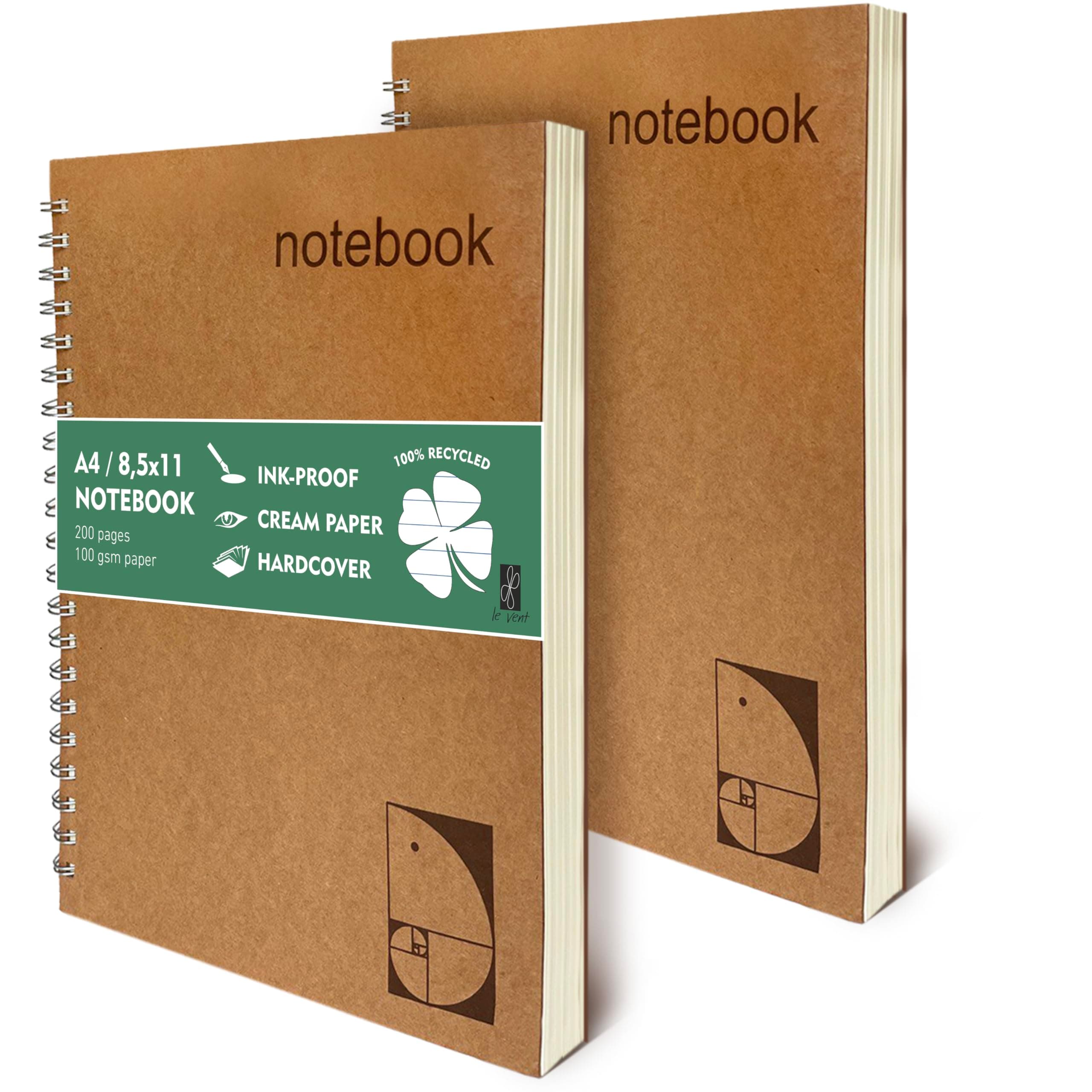 le vent Lined Spiral Notebook 8.5 x 11 | 2 Pack 200+200 A4 Lay Flat Pages | Hardcover College Ruled Notebooks | Smooth 100gsm Ink-Proof Paper | Daily Writing Journal for Work & Study