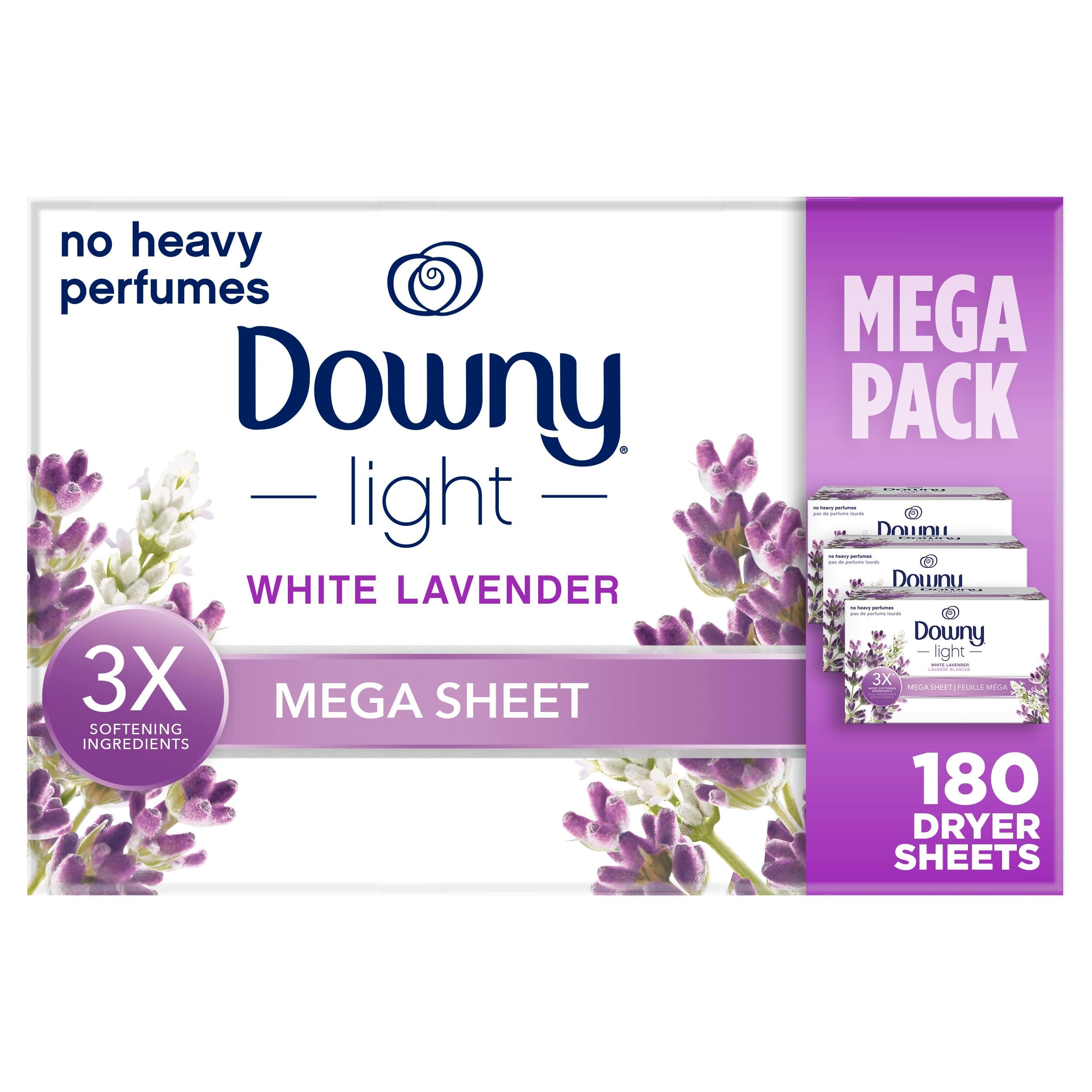 Light Mega Dryer Sheets, Fabric Softener Dryer Sheets, White Lavender, 180 Count