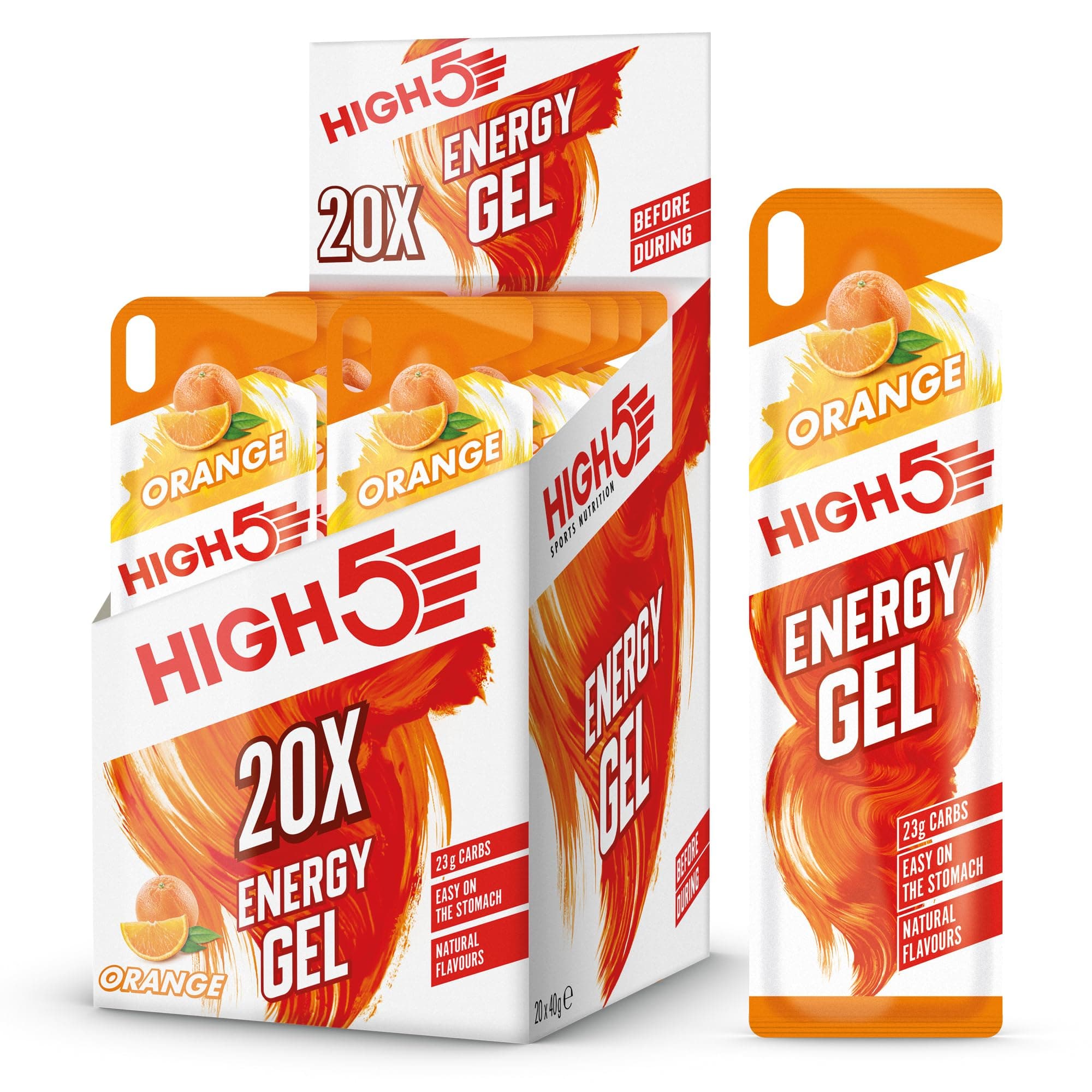 – HIGH5 Running Gels Energy - Running Essentials for Quick Release Energy - Natural Fruit Juice & Caffeine-Free - Ideal as Running Equipment, Cycling Supplements, Marathon Training (Orange, 20 x 40g)