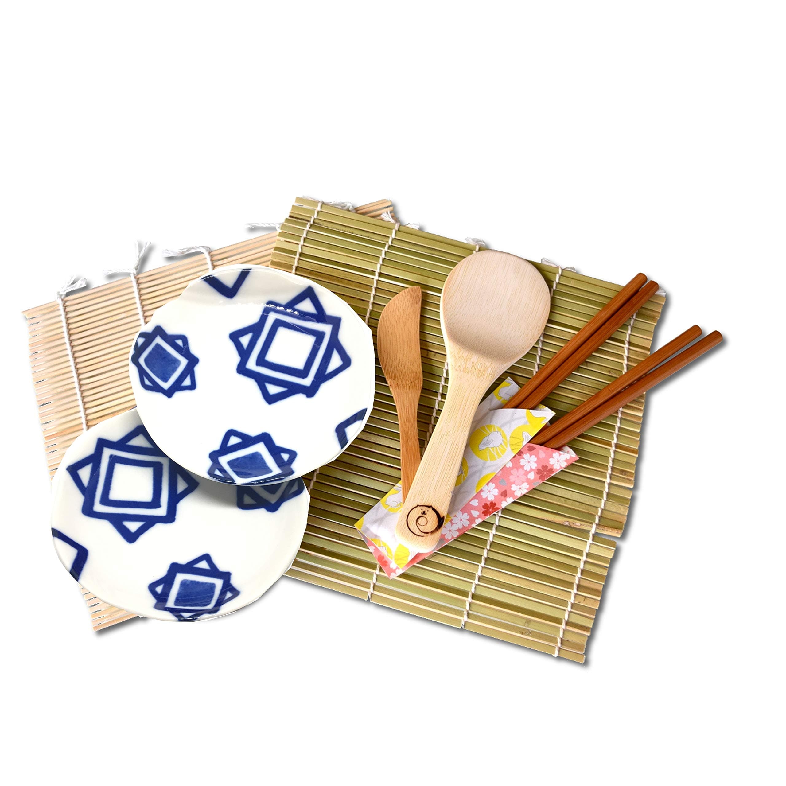 Bamboo Sushi Making Kit for Couples 2 Sushi Rolling Mats, Rice Paddle, Rice Spreader, 2 Chopsticks, 2 Plates Japan Natural Sushi Kit.