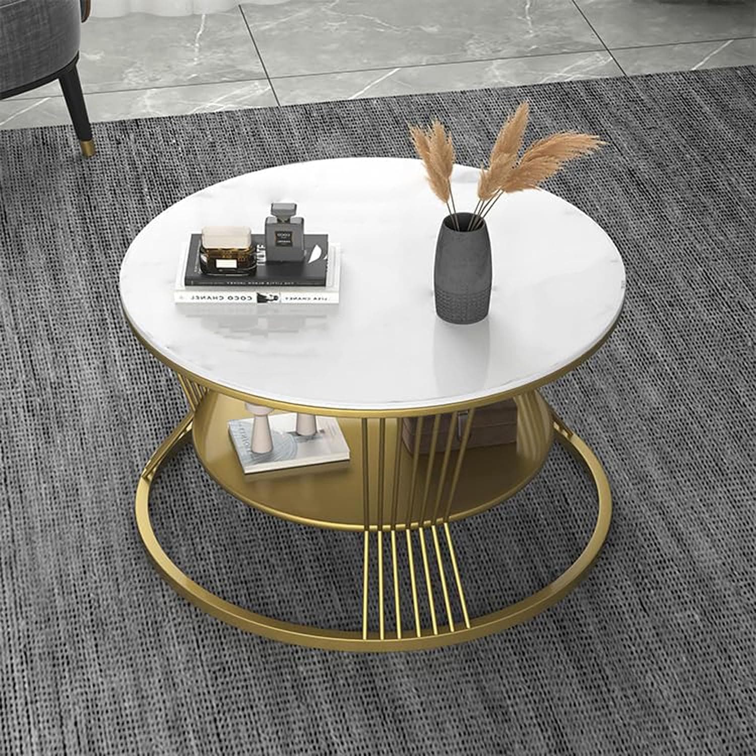 Coffee Table Two Tier Sofa Side Table Round Coffee Table Metal Frame Center Table Tea Table for Center Room Dining Home & Living Room Decor (Golden White)