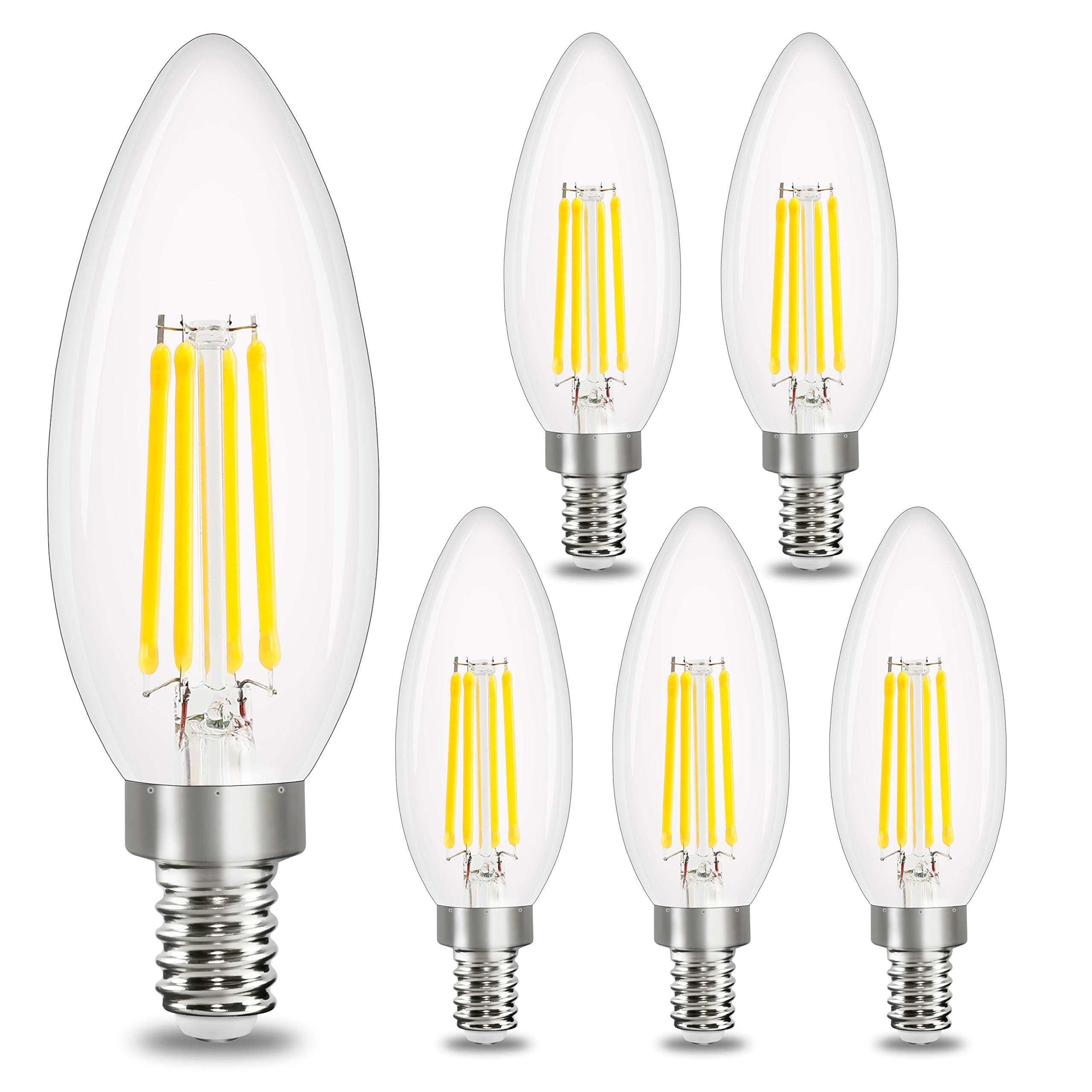 comzler E12 LED Candelabra Bulb Dimmable, Chandelier Light Bulb 5000K Daylight White,40W Equivalent,Type B Ceiling Fan Bulbs,C35 B11 Edison Filament Candle Bulbs Candle Lights,400LM,Pack of 6