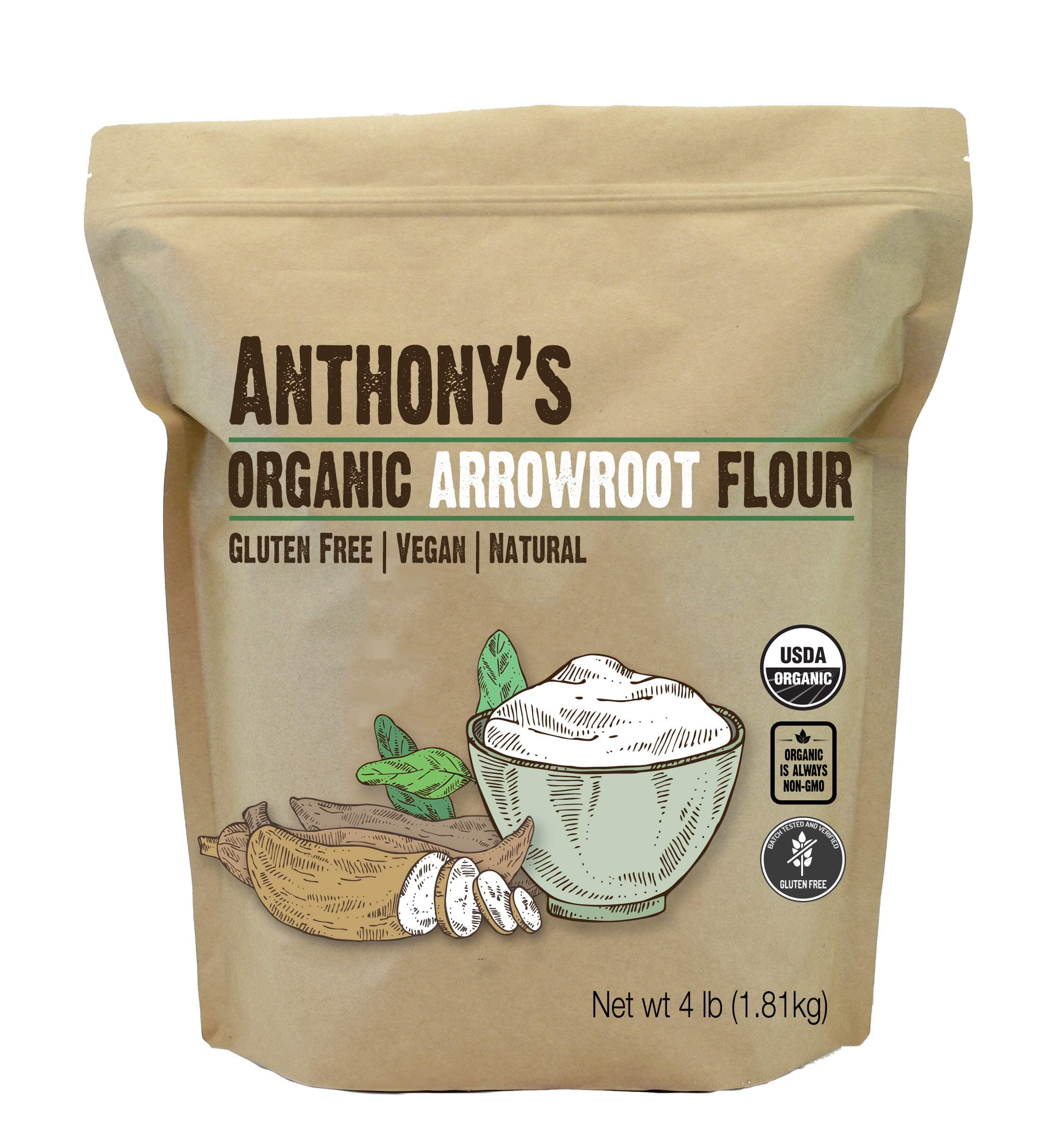 Anthony's Organic Arrowroot Flour, 4 lb, Batch Tested Gluten Free, Non GMO, Vegan