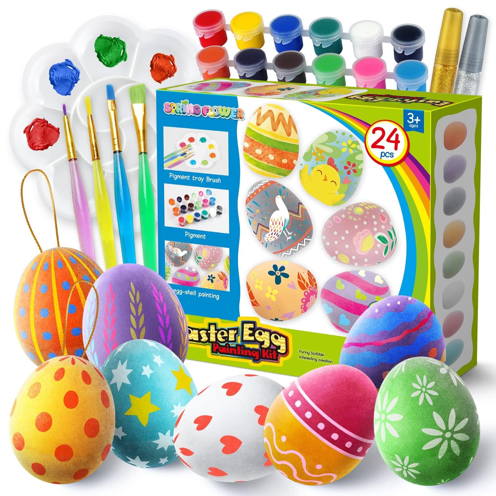 Easter Colorful Eggs Painting Kit-Paintable Flocking Eggs with Doodle Kit for DIY Design-Hanging Flocking Eggs with Rope for Easter Decoration,Egg Hunts, Basket stuffers & Essentials, 24PCS
