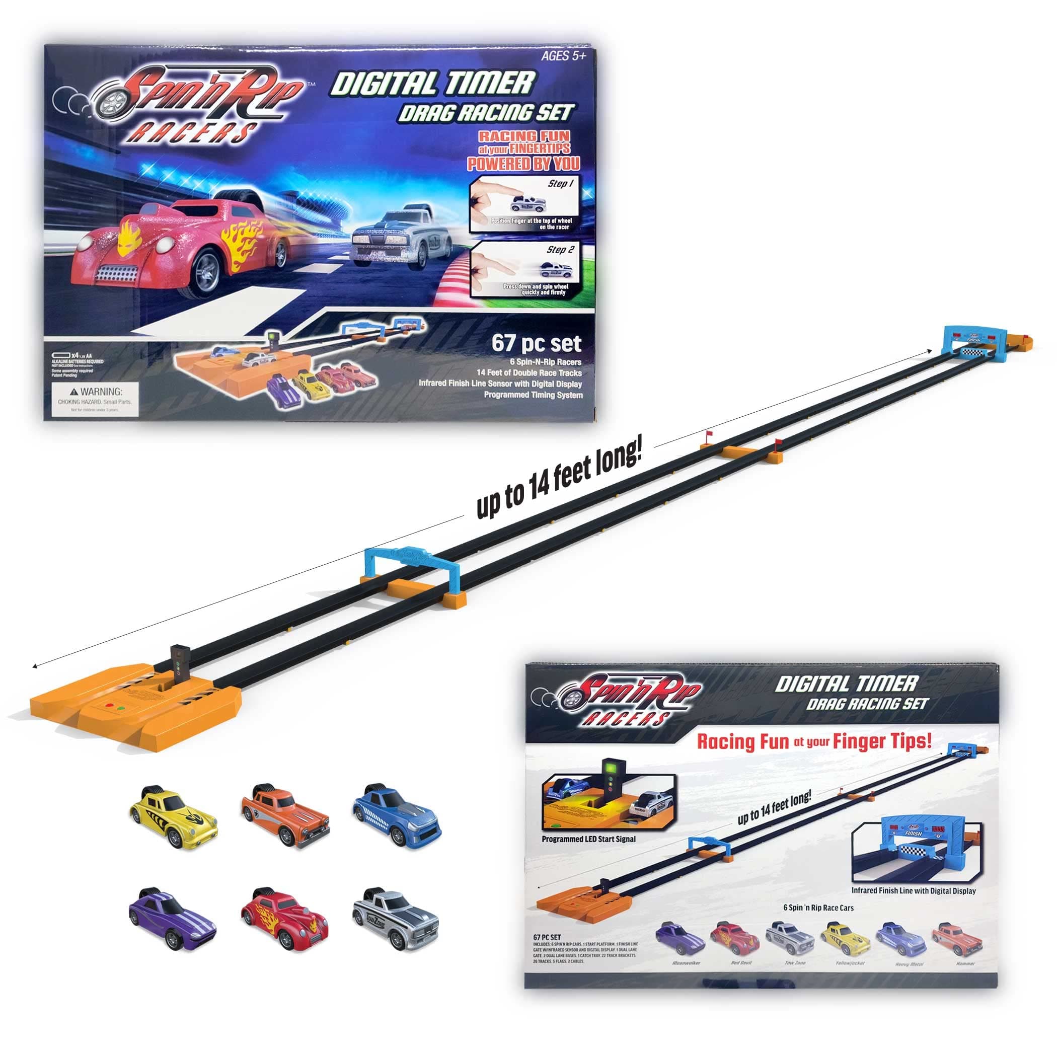 | Digital Timer Drag Racing Set, Dual-Track | Fun Head-to-Head Race Track | 6 Toy Cars Included (Digital Time Tracker)