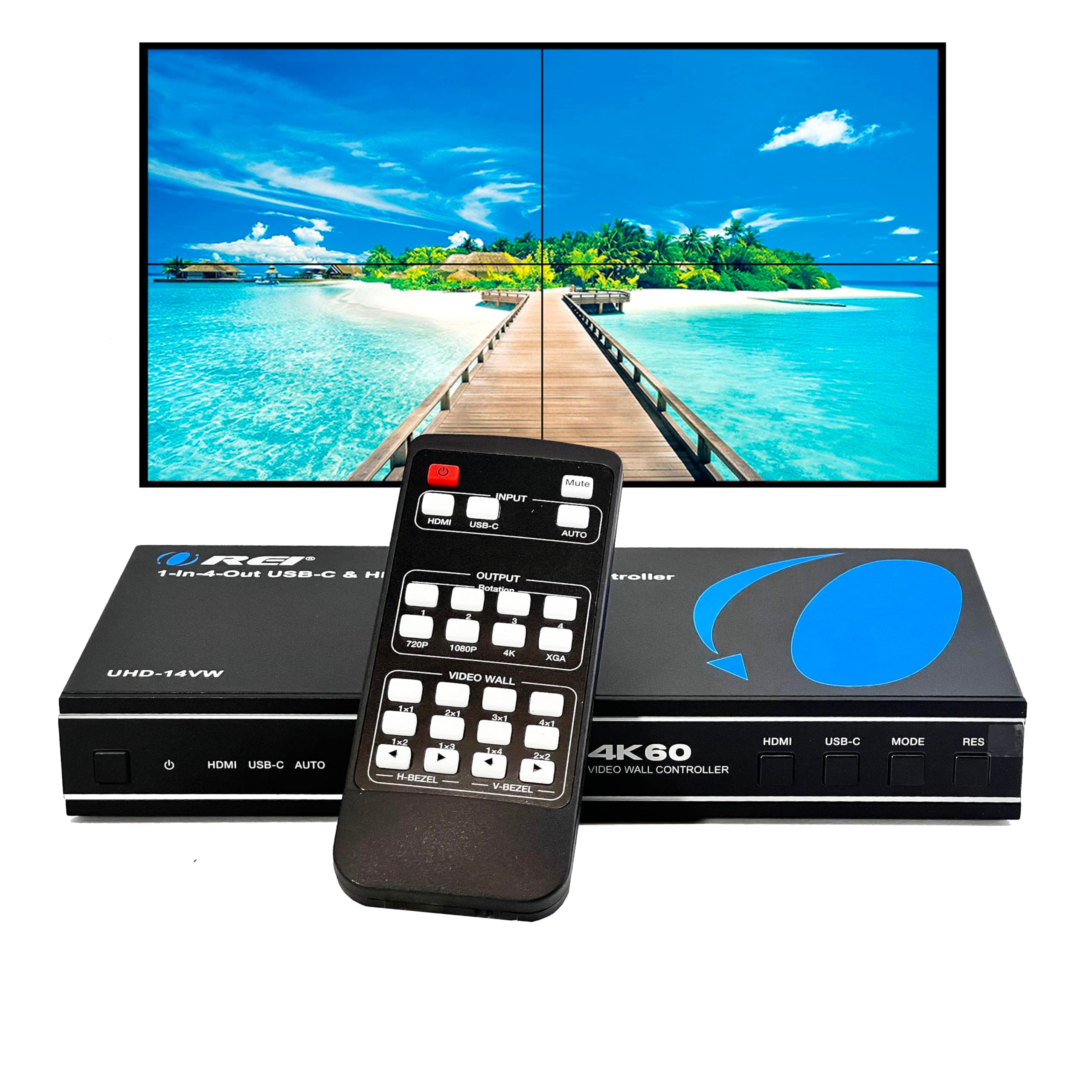 OREI 4K 2x2 HDMI or USB-C Video Wall Controller Processor Display Up to 4K 60hz 2x1, 1x2, 1x3, 1x4 180 Degree Rotation RS-232 Audio Extraction