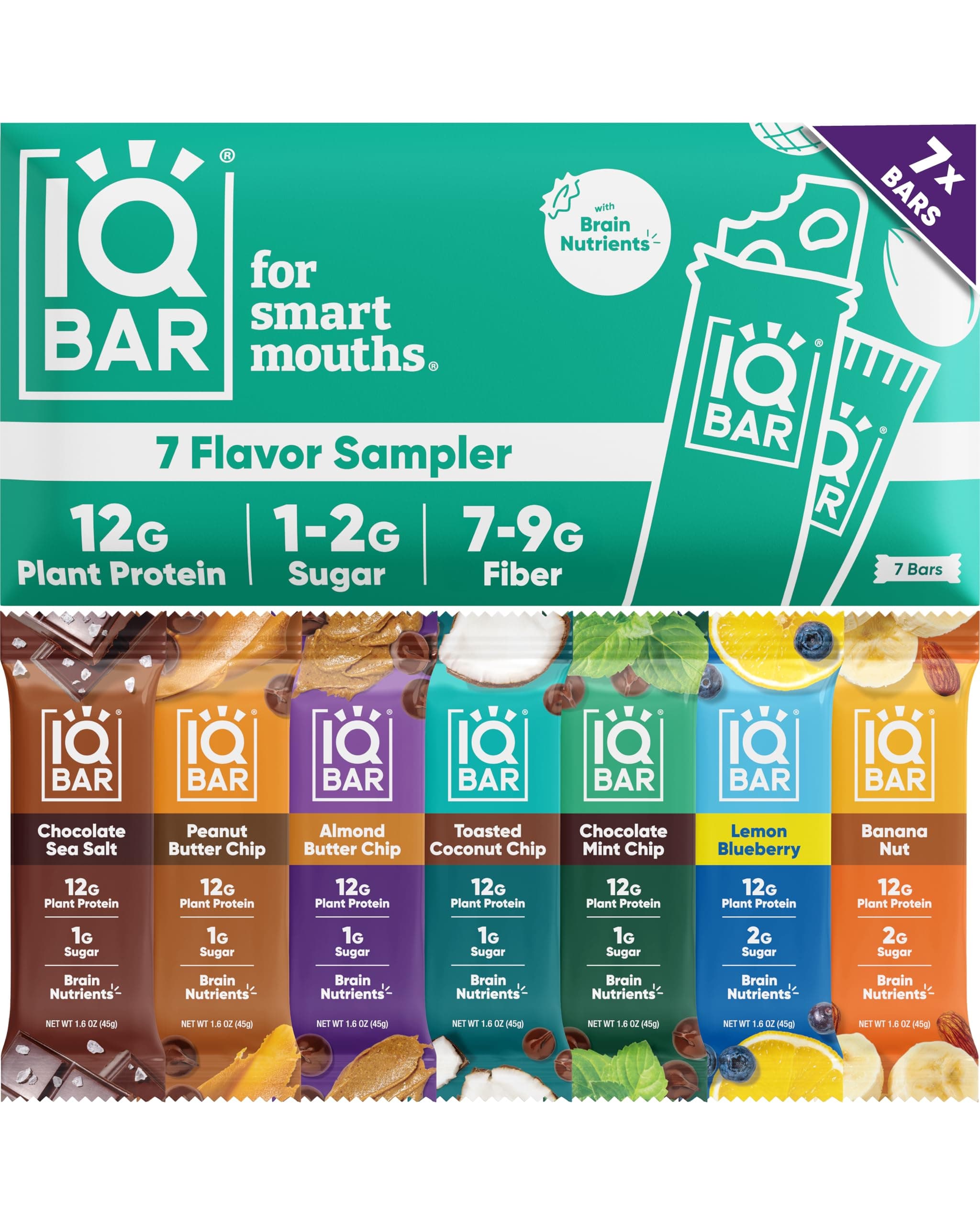 IQ BAR Brain and Body Plant Protein s - 7 Sampler Pack - Low Carb, High Fiber, Gluten Free, Healthy Vegan Snacks - Low Sugar Keto Energy s