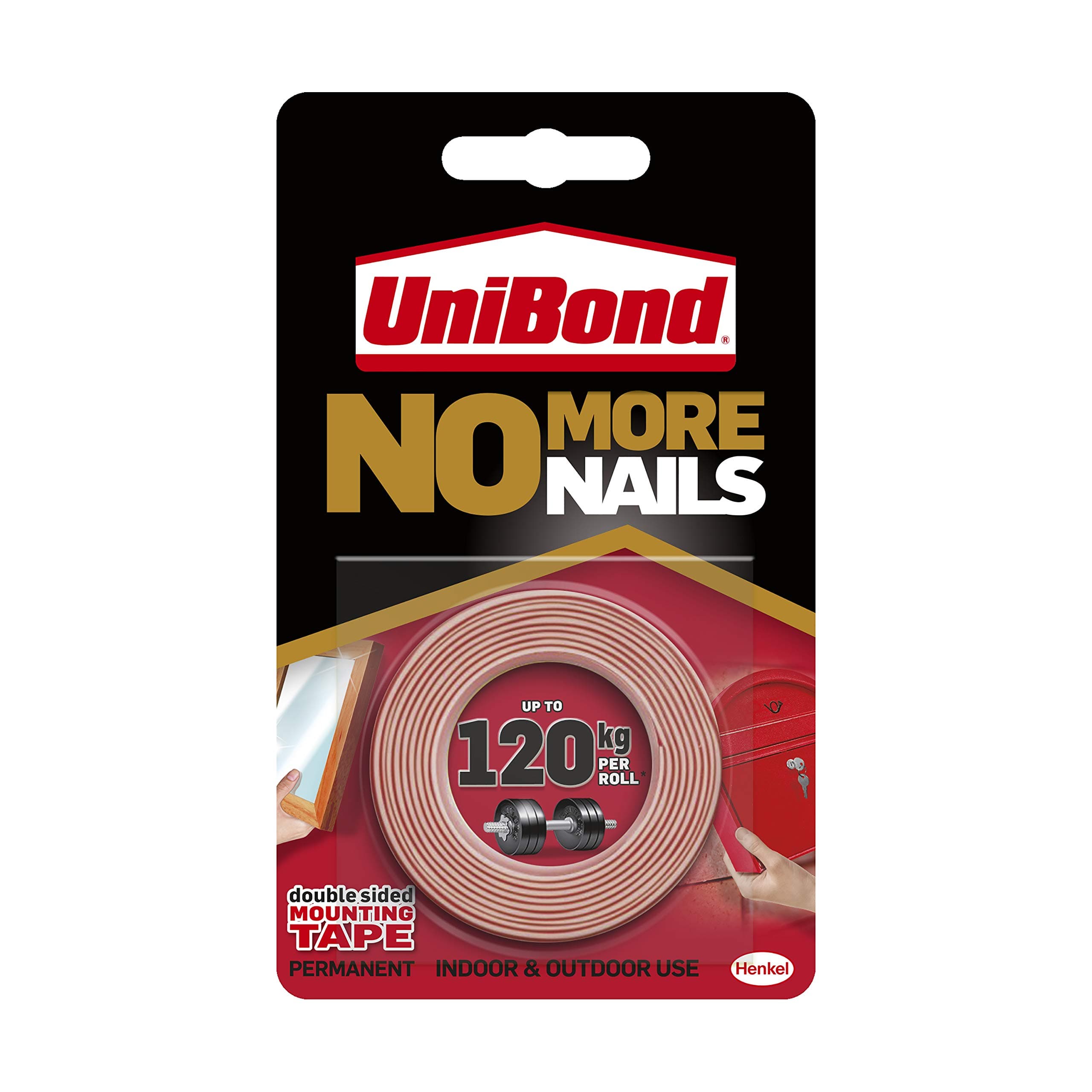 Unibond No More Nails On A Roll, Double-Sided Tape for Reliable Instant Bonding, Multipurpose Adhesive Tape, Adhesive Strips for Indoor/Outdoor Use, 19mm x 1.5m Roll