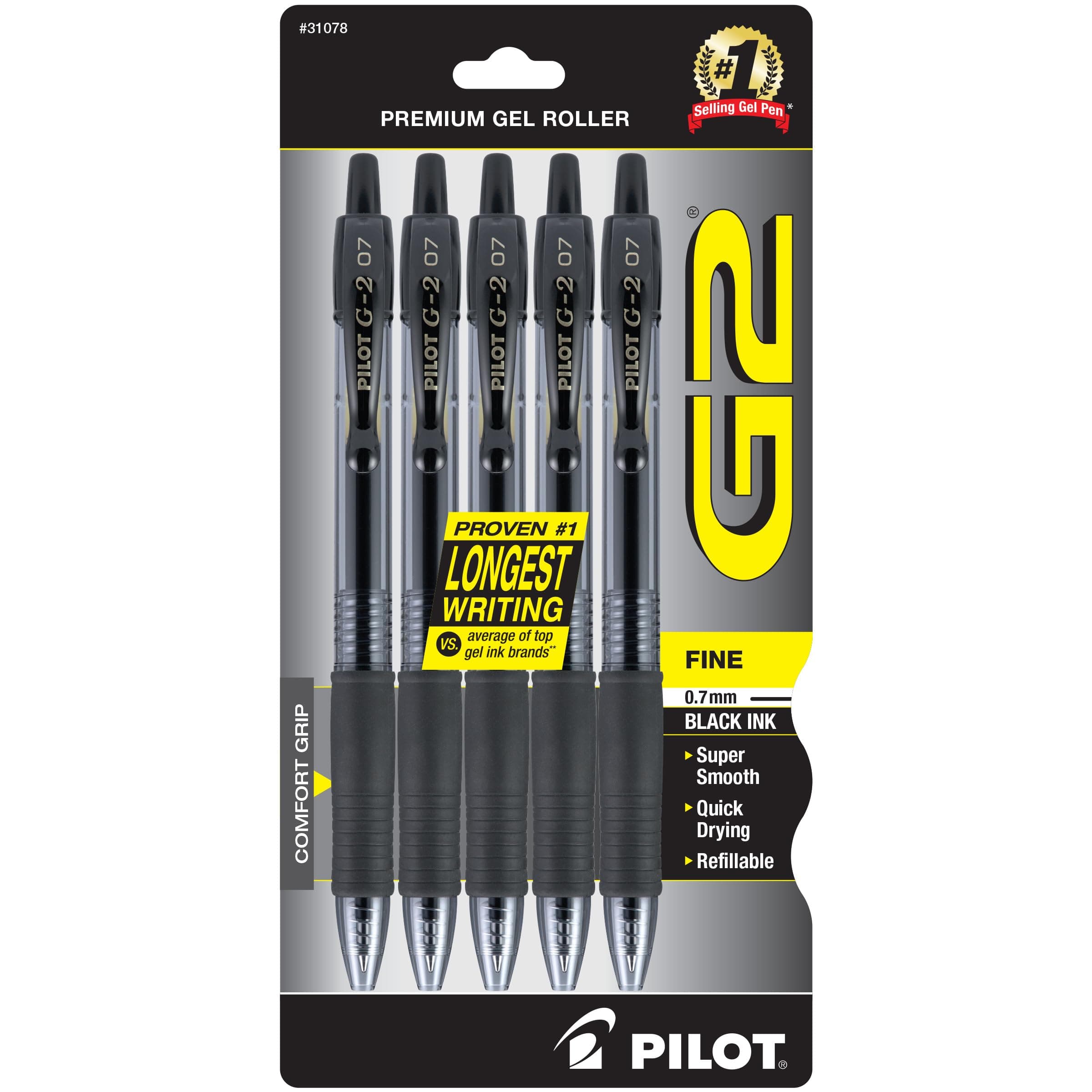 Pilot G2 Premium Gel Roller Pens 0.7, Fine Point Smooth Writing Pens Black, Pack of 5