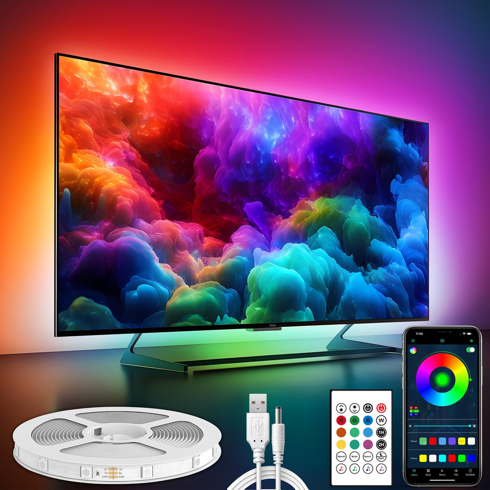 Maylit ICRGB TV LED Backlight, App Control, LED Lights for 76-100 Inch TV/Monitor, Music Sync, Colour Changing TV LED Strip Light for Home Decoration, USB Powered