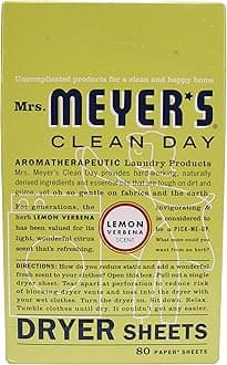 Mrs. Meyer's Dryer Sheets, Fabric Softener, Reduces Static, Infused with Essential Oils, Lemon Verbena, 80 Count