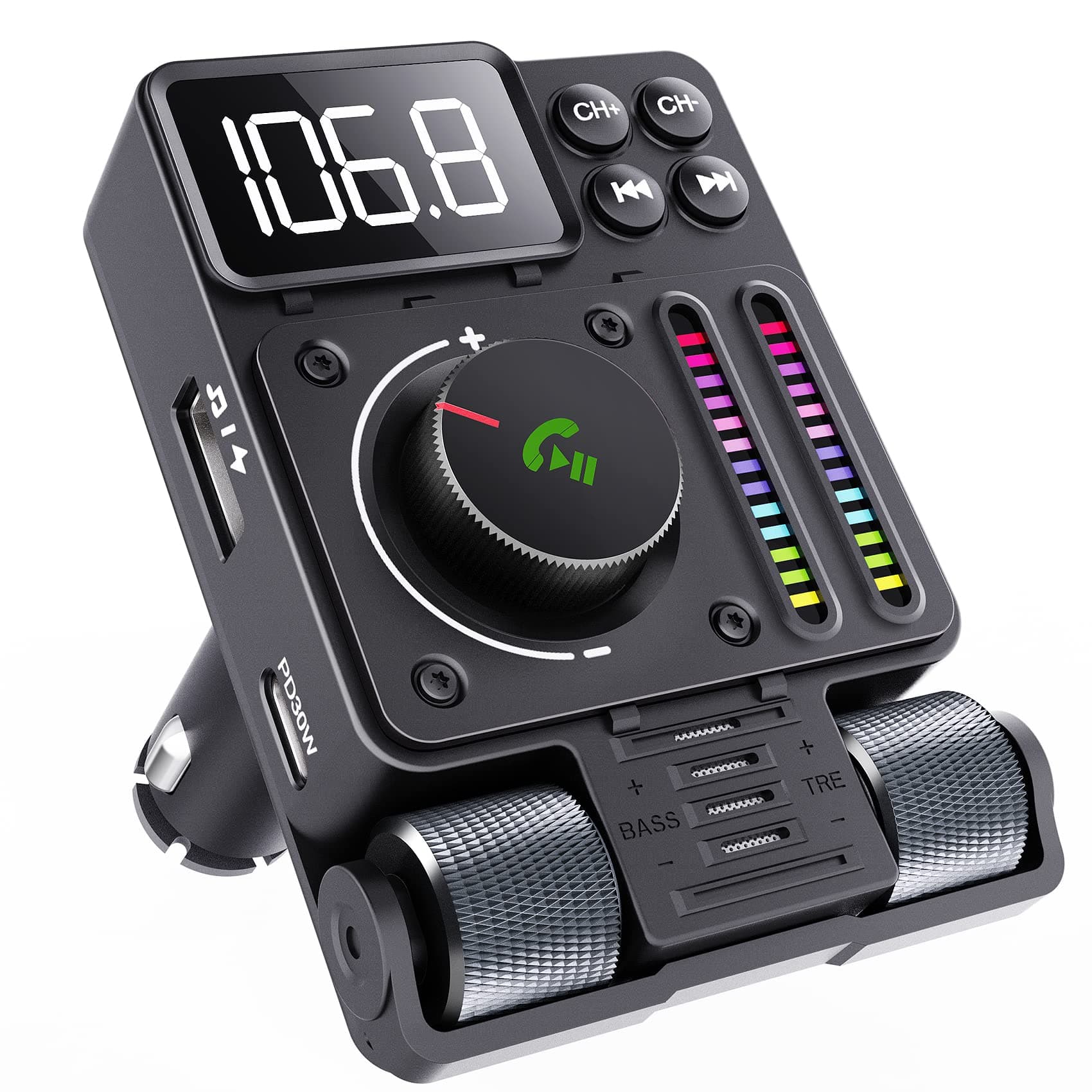 Hamourd Bluetooth Car Adapter - Bluetooth 5.3 FM Transmitter, PD 30W Type C Fast Charge & USB Port, HiFi Treble & Bass Player, Color Screen & Music Light Bar, Support Hands-Free Siri Google Assistant