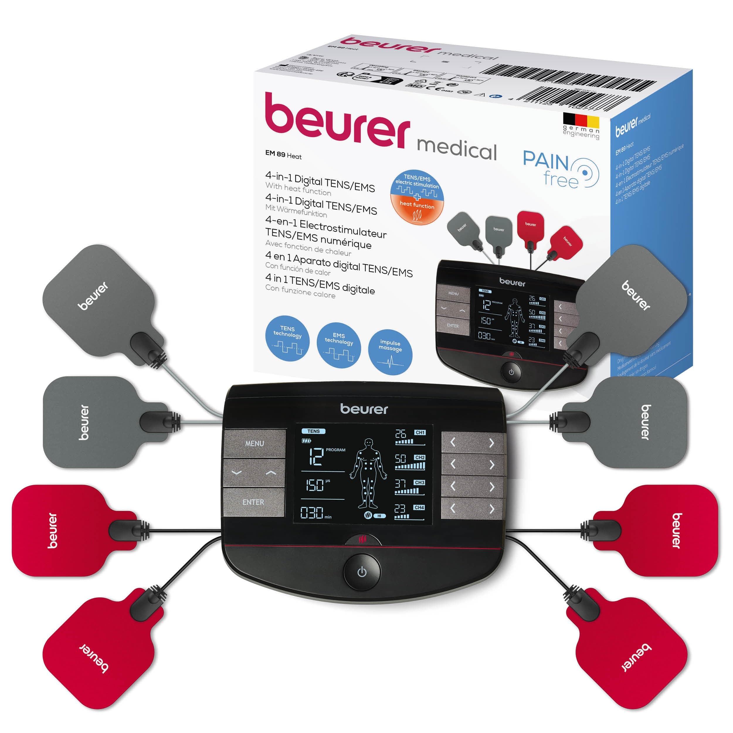 Beurer EM 89 Digital TENS/EMS Device with Heat Function, 4-in-1 Function for Pain Therapy, Muscle Stimulation, Massage and Heat Therapy, 4 Separately Adjustable Channels, 8 Electrodes & Battery