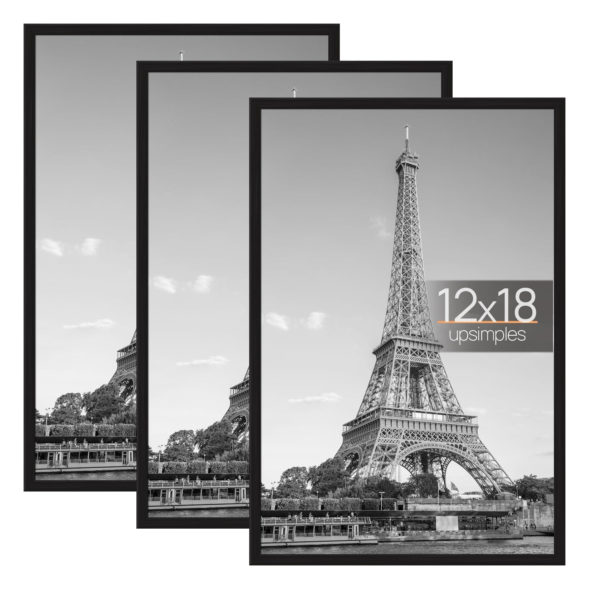 upsimples 12x18 Picture Frame Black 3 Pack, Scratch-Proof Poster Frames 12 x 18 for Photo Gallery - Slide-In Strips, Horizontal or Vertical Wall Mounting