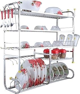 SLIMSHINE Stainless Steel 5 Shelf Wall Mount Kitchen Dish Rack | Plate Cutlery Stand | Kitchen Utensil Rack | Modern Kitchen Storage Rack (30 X 32 INCH)