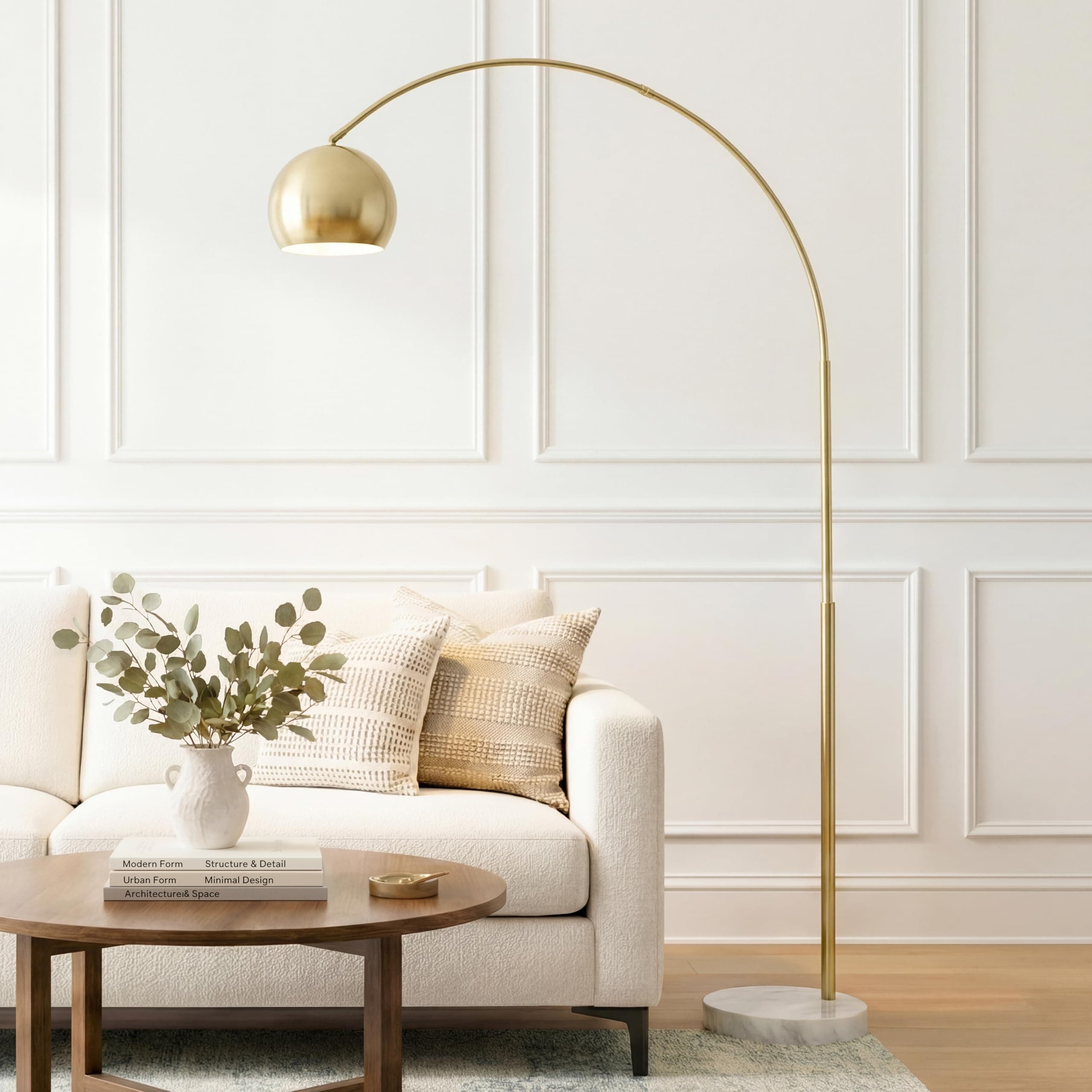 Brightech Olivia Floor Lamp - Chic Arc Lamp with Rounded Spolight Head and Marble Base for Living Room, Tall Standing Lamp with LED Light Bulb for Bedroom Reading, Boho Home Decor for Office - Brass