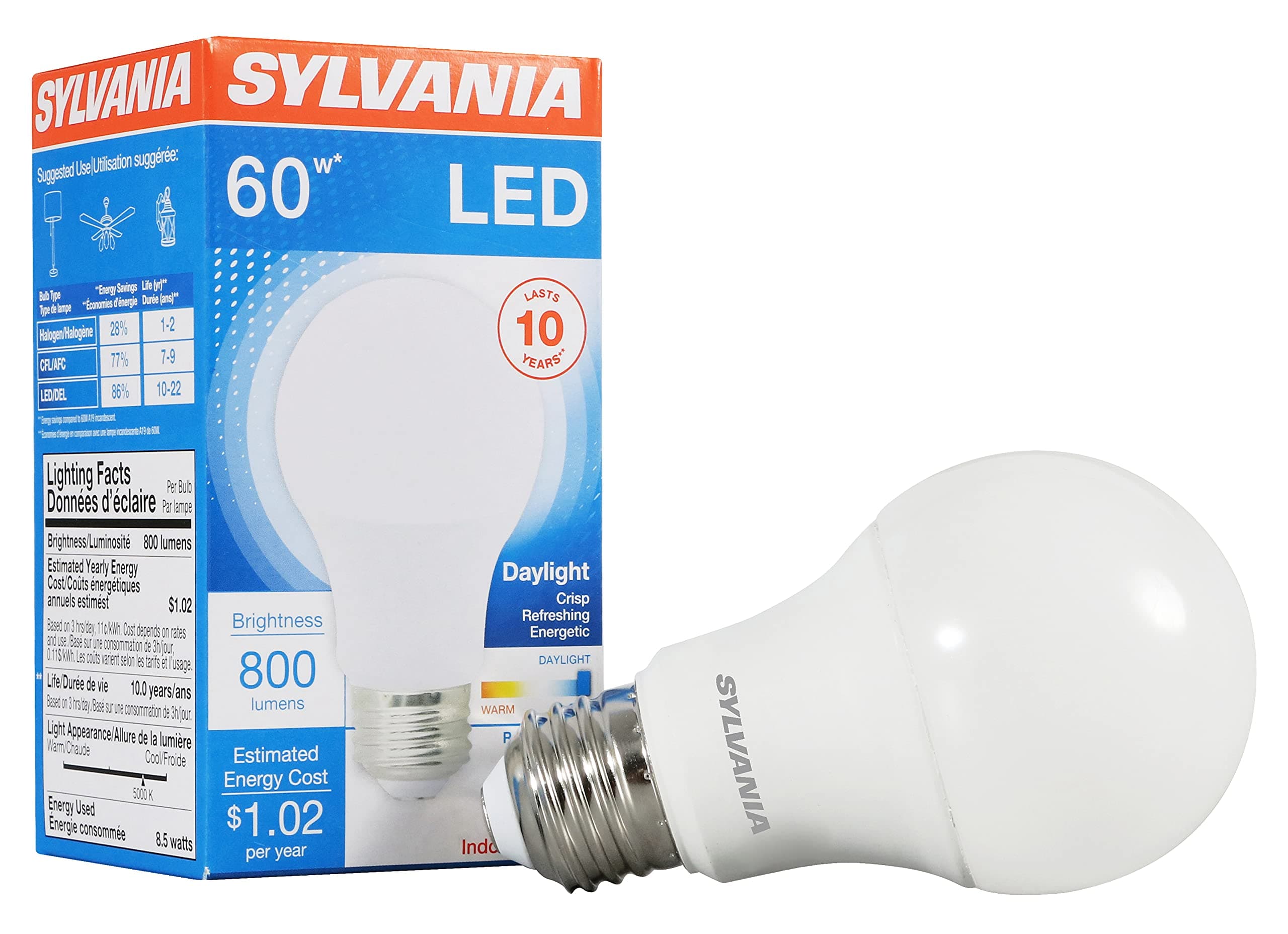 SYLVANIA LED Light Bulb, 60W Equivalent A19, Efficient 8.5W, Medium Base, Frosted Finish, 800 Lumens, Daylight - 1 Pack (79281)