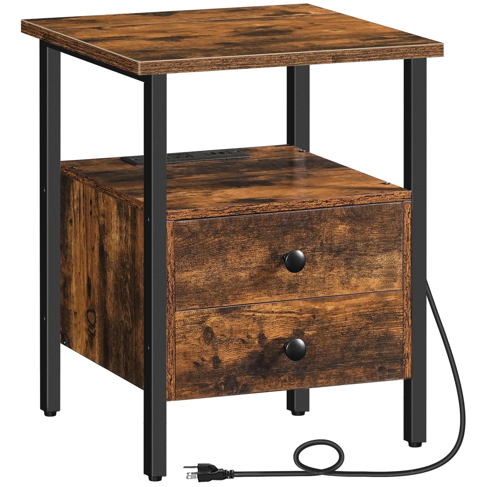 End Table with Charging Station, Bedside Table with 2 Drawer & USB Port & Type-C Port, Nightstand for Small Spaces, Stable and Sturdy, for Living Room, Rustic Brown BF43UBZ01