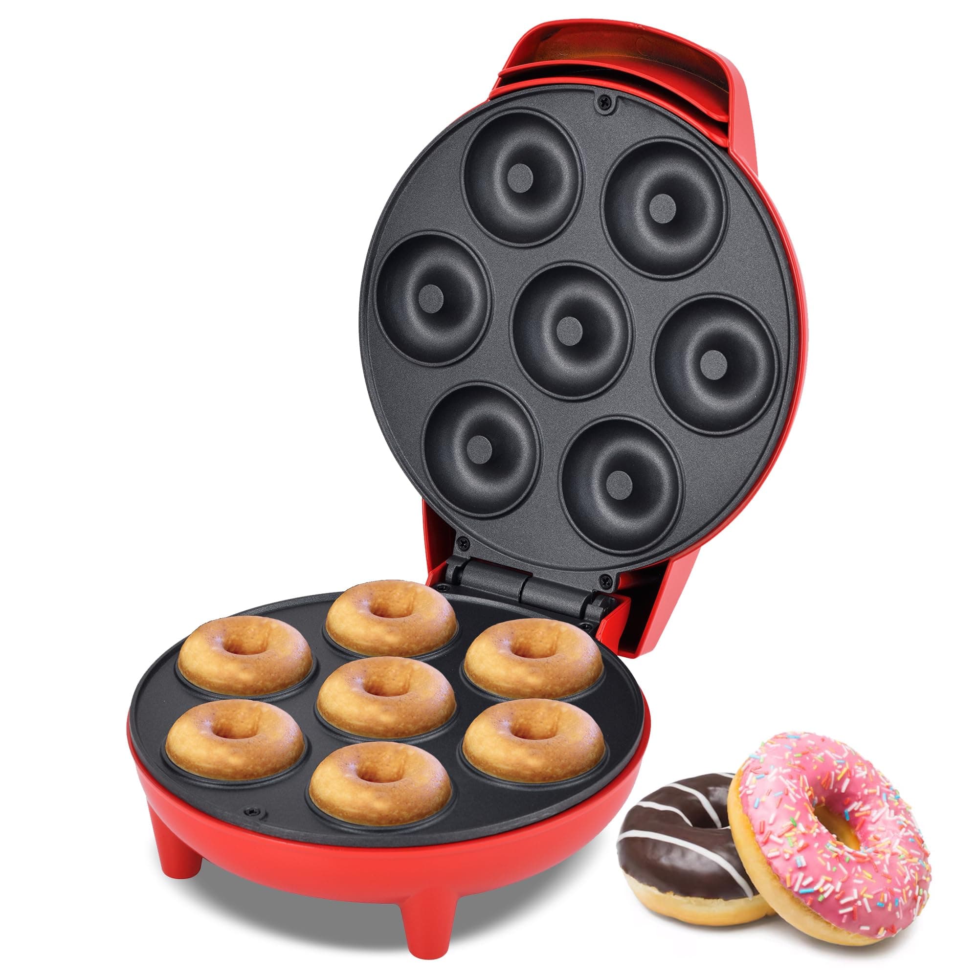 Courant Mini Donut Maker Machine for Holiday, Kid-Friendly, Breakfast or Snack, Desserts & More with Non-stick Surface, Makes 7 Doughnuts, Red
