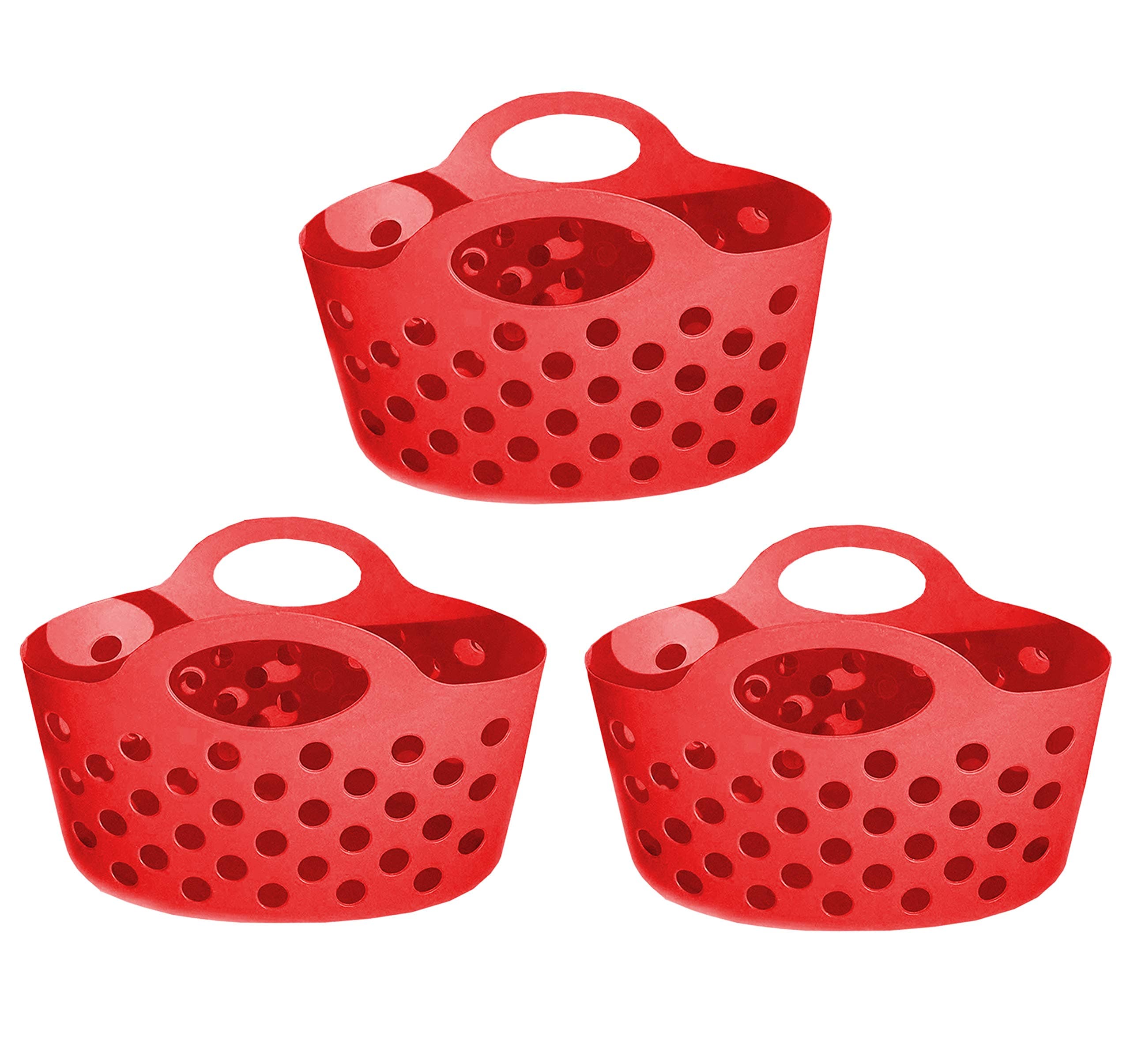 Red 3 Pack Plastic Organizer Baskets with Handles Small Soft Carry Totes Stackable