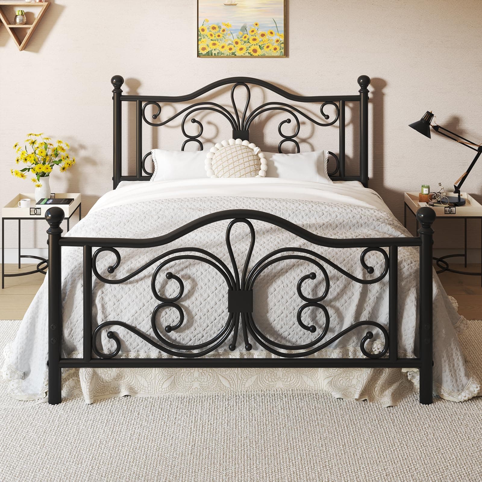LOEWAY Bed Frame Queen Size with Elegant and Exquisite Butterfly Shaped Design, Metal Platform Bed with Headboard and Footboard, Underbed Storage, No Box Spring Needed, Easy Assemble, Black
