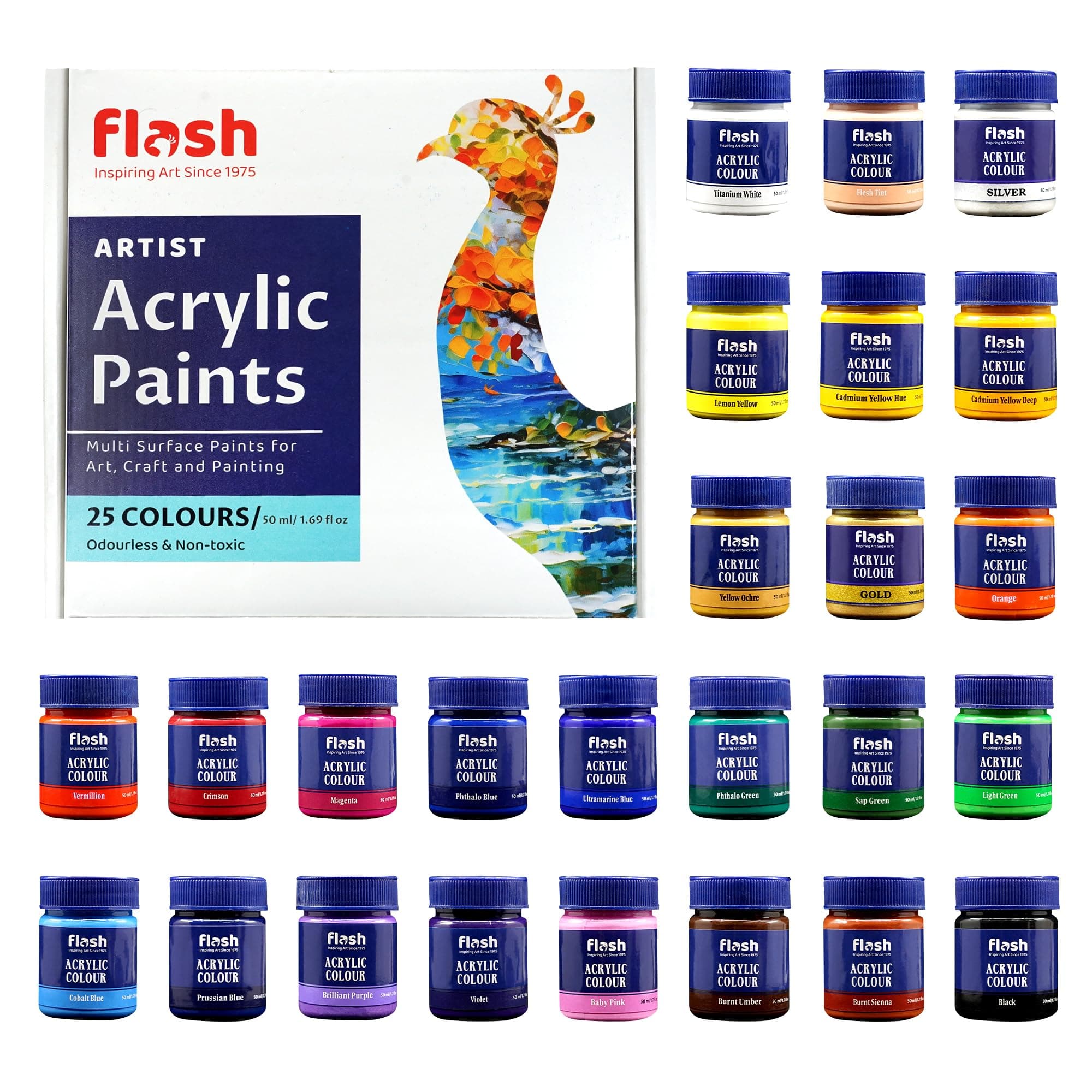 Flash Professional Acrylic Paint Set | 25 Colors | 50ml Each
