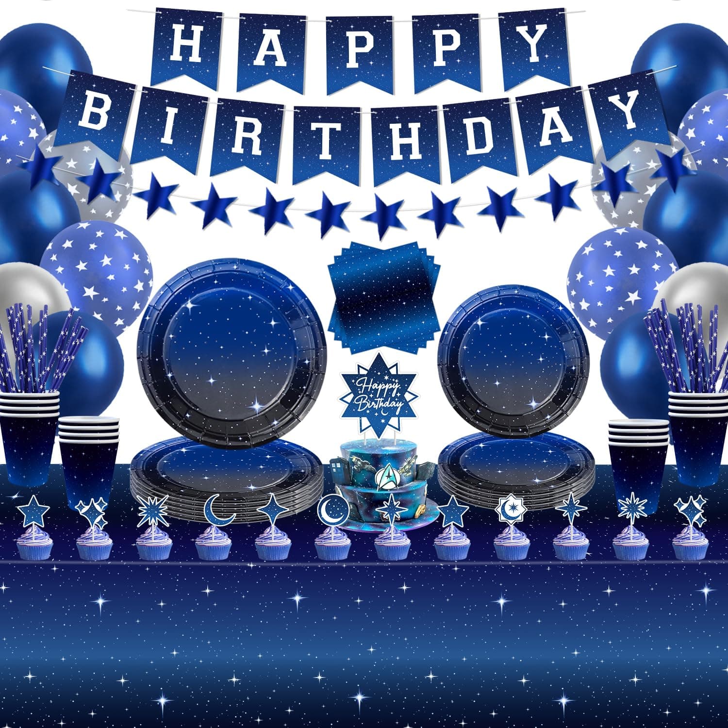 161 Pack Space Galaxy Party Supplies Starry Night Tableware Set Space Happy Birthday Banner Star Balloon Moon Garlands Outer Space Tablecloth Galaxy Planet Themed Birthday Party Decorations Serves 20