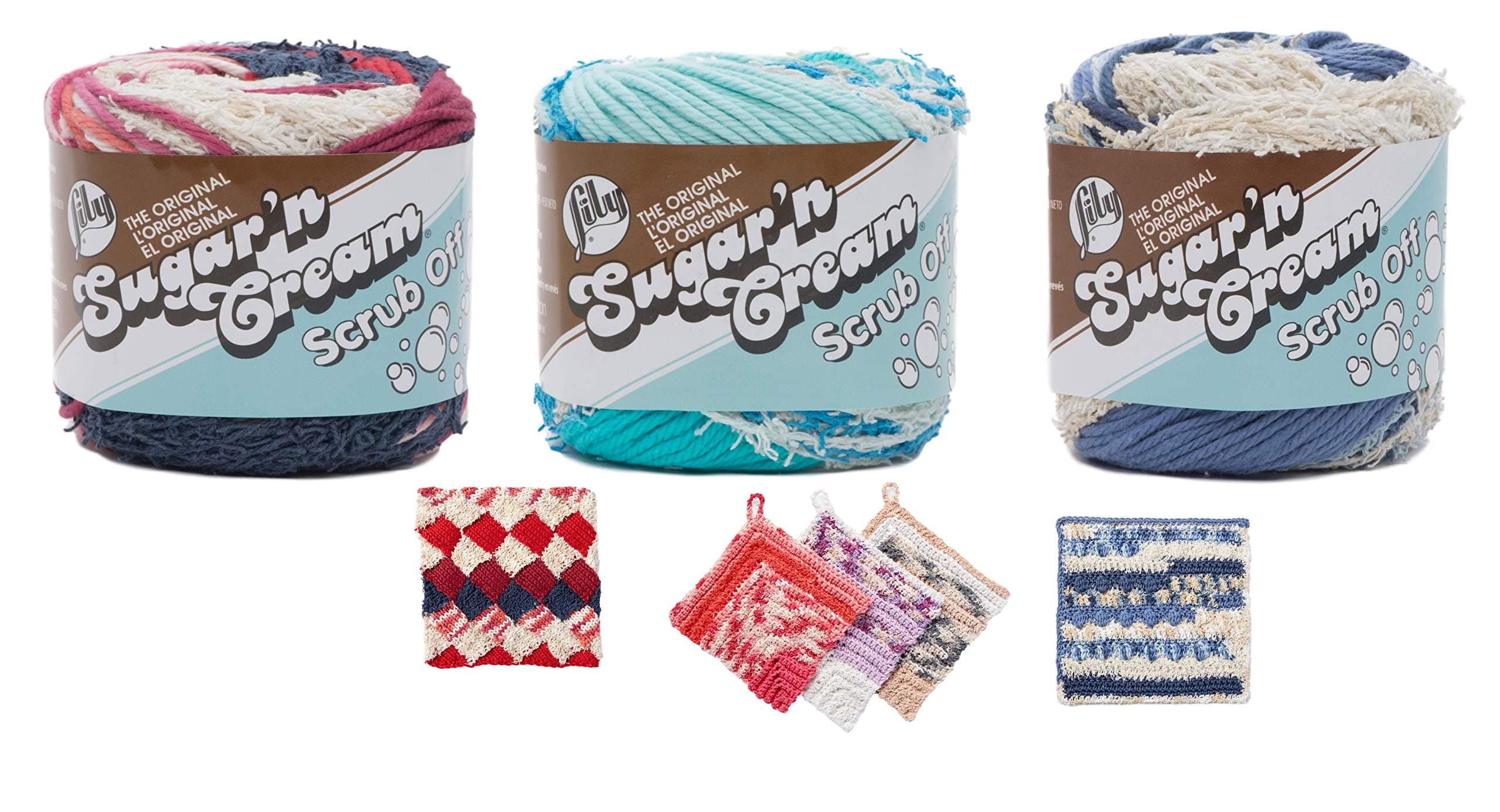 Lily Sugar'n Cream Scrub Off Yarn 3-Pack Bundle 100% Cotton with 3 Patterns Worsted (Beach Spring Denim)