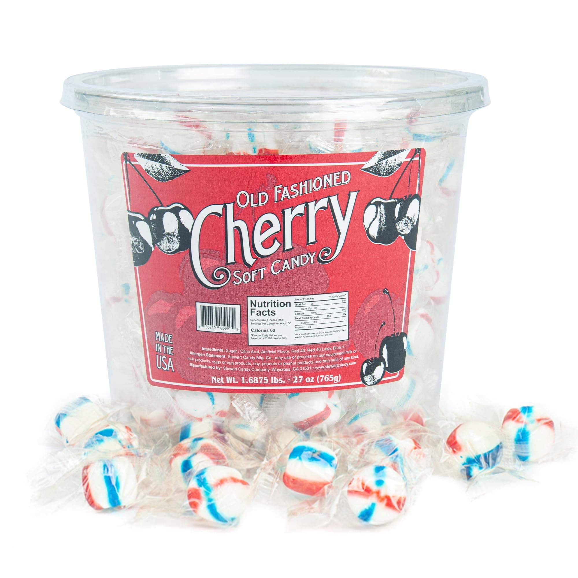 Stewart Old Fashioned Cherry Candy Balls | Individually Wrapped Candy | Pure Cane Sugar Candy | Fat-Free, Cholesterol-Free, Gluten-Free | Classic Soft/Hard Texture, Made in USA - 27 oz Tub