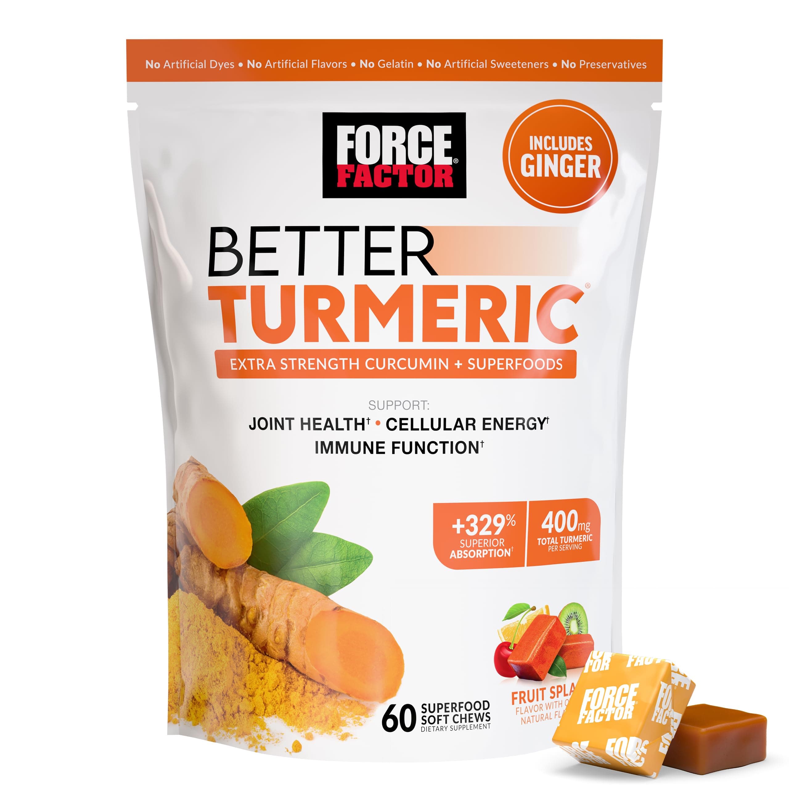 FORCE FACTOR Better Turmeric Supplement 400mg with Black Pepper & Ginger, Extra Strength Joint Support, Superior Absorption, Like Turmeric Gummies, Fruit Splash, 60 Turmeric Chews