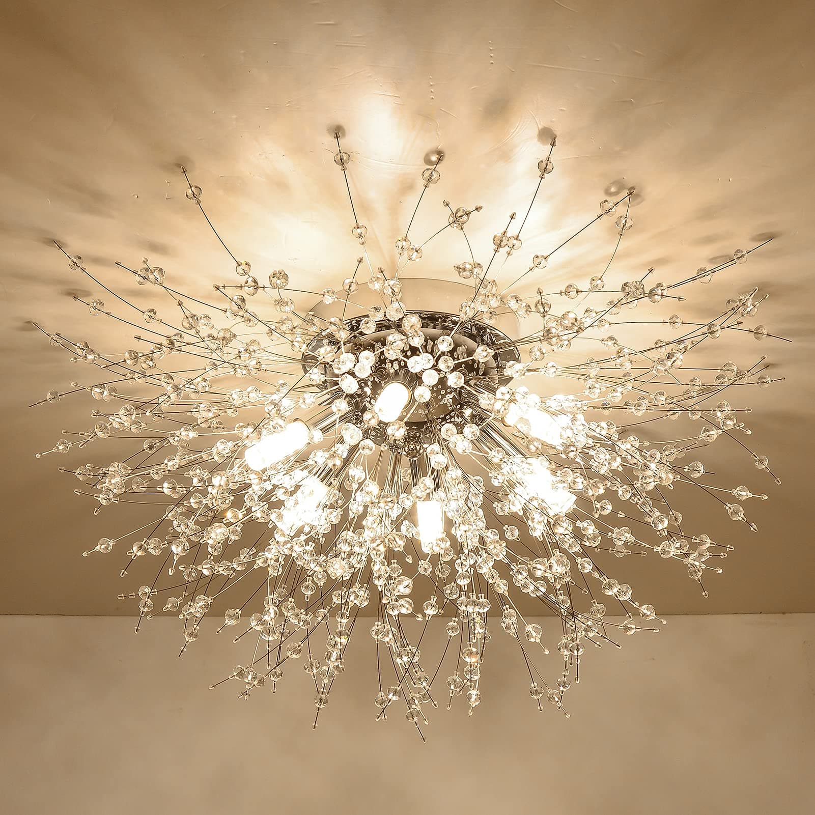 Modern Crystal Chandeliers Ceiling Light, Fireworks Chandelider, Gold K9 Crystals Ceiling Lights, Flush Mount Lighting, 6 G9 LED, Golden Lamps for Living Room, Bedroom, Dining Room, Hallway
