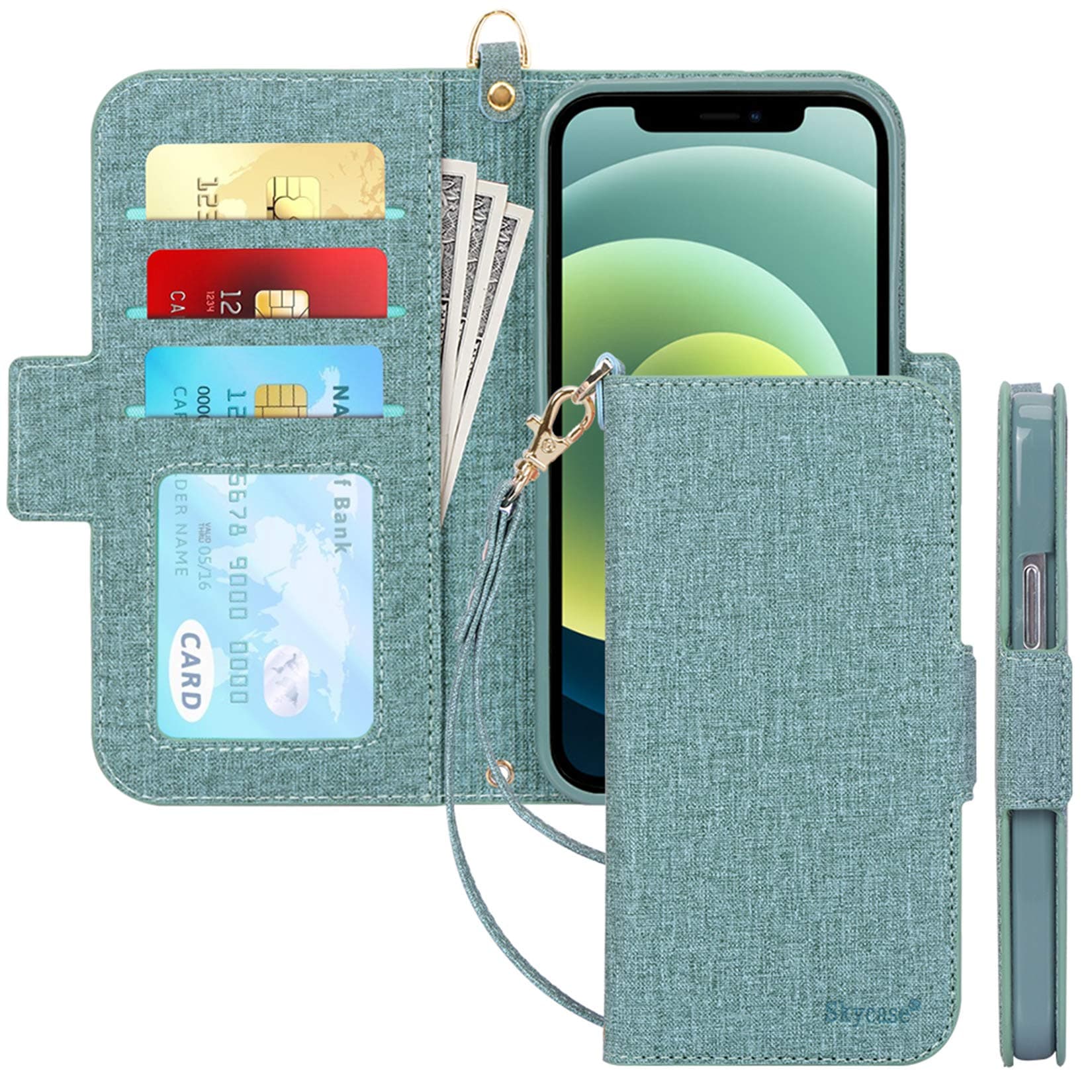 Skycase Compatible for iPhone 12 Case/Compatible for iPhone 12 Pro Case 5G, [RFID Blocking] Handmade Flip Folio Wallet with Card Slots and Detachable Hand Strap for iPhone 12/12 Pro 6.1" 2020,Green