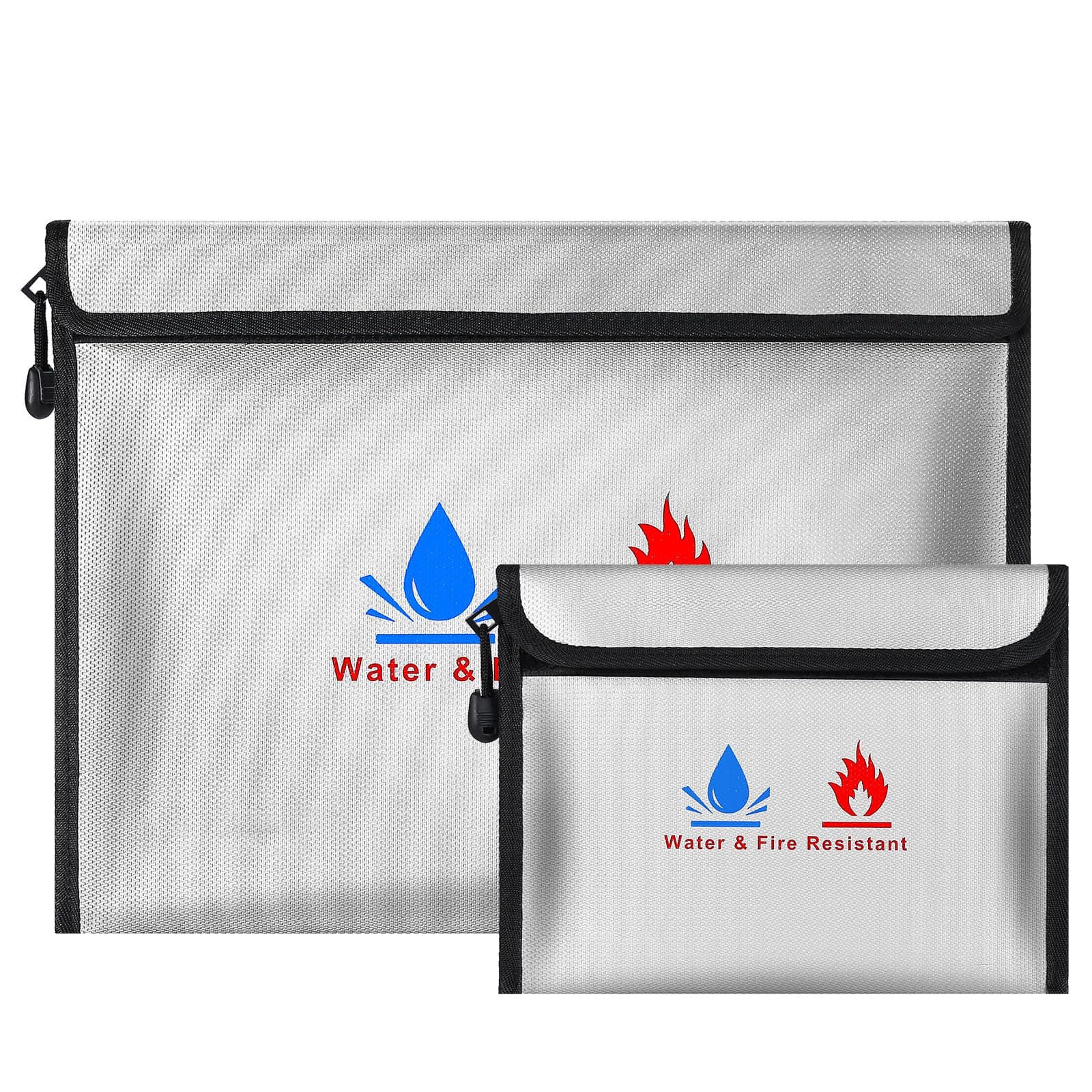 Fire-resistant document pouches, including a set of fire-resistant wallet security pouches, measuring 15 x 11 in and 9 x 7 in, with a non-irritating silicone coating, for Money, Documents and Passport