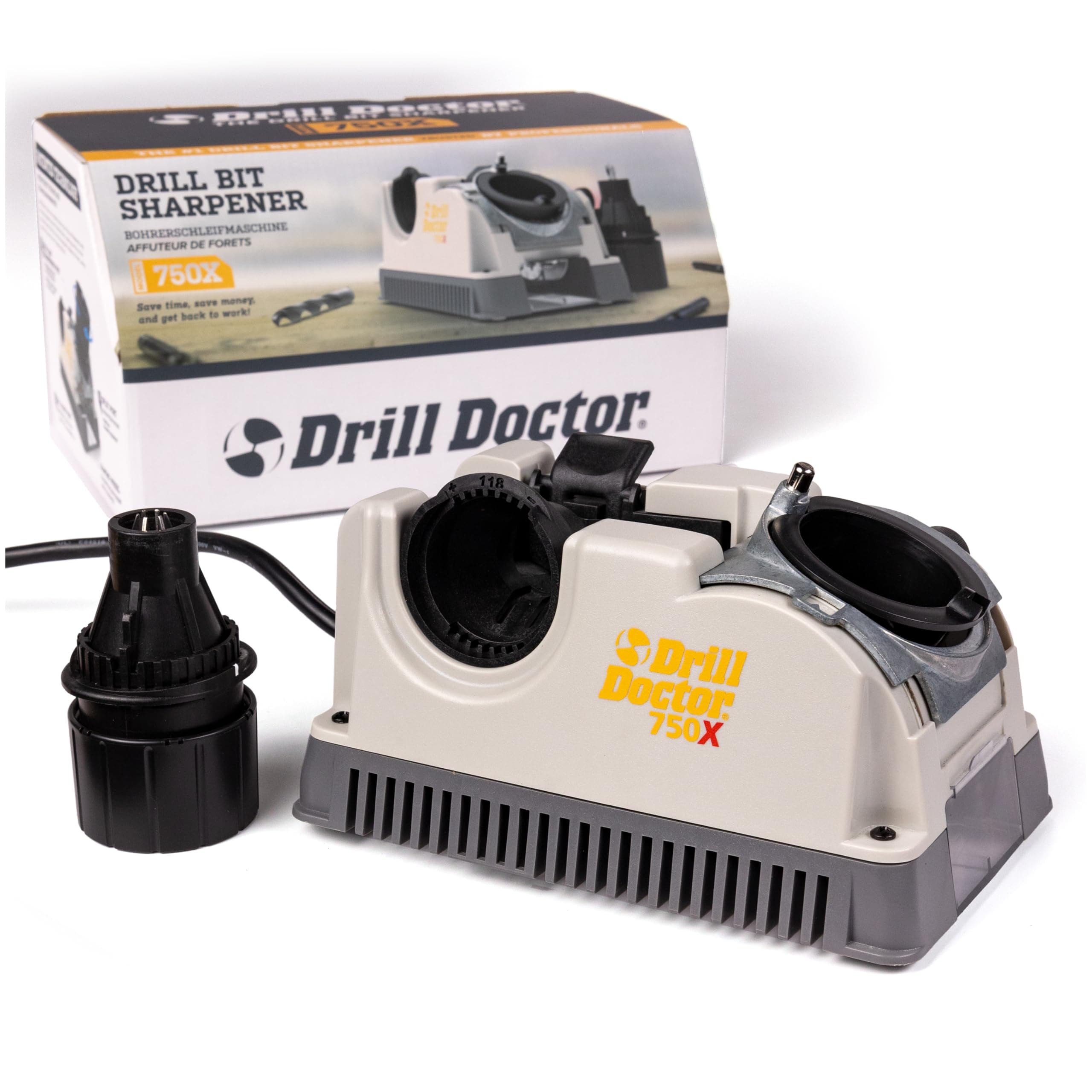 DD750X Electric Drill Bit Sharpener, 3/32-3/4" High-Speed, Portable - Steel, Masonry, Carbide, Cobalt, Tin-Coated Bits, Adjustable Angles