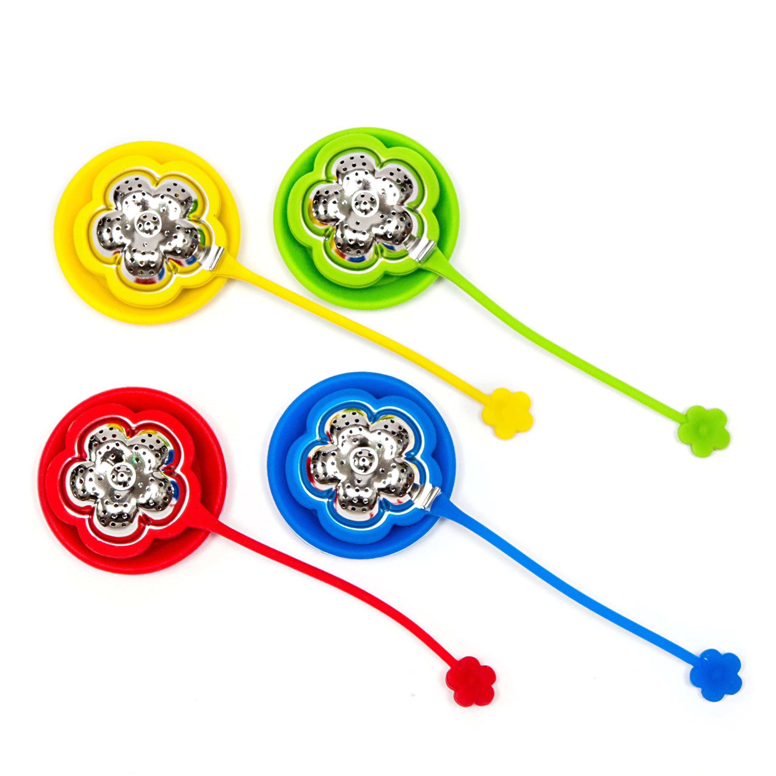 4 Piece Silicone Tea Infuser With Stainless Steel Strainer Includes Drip Trays (Flower)