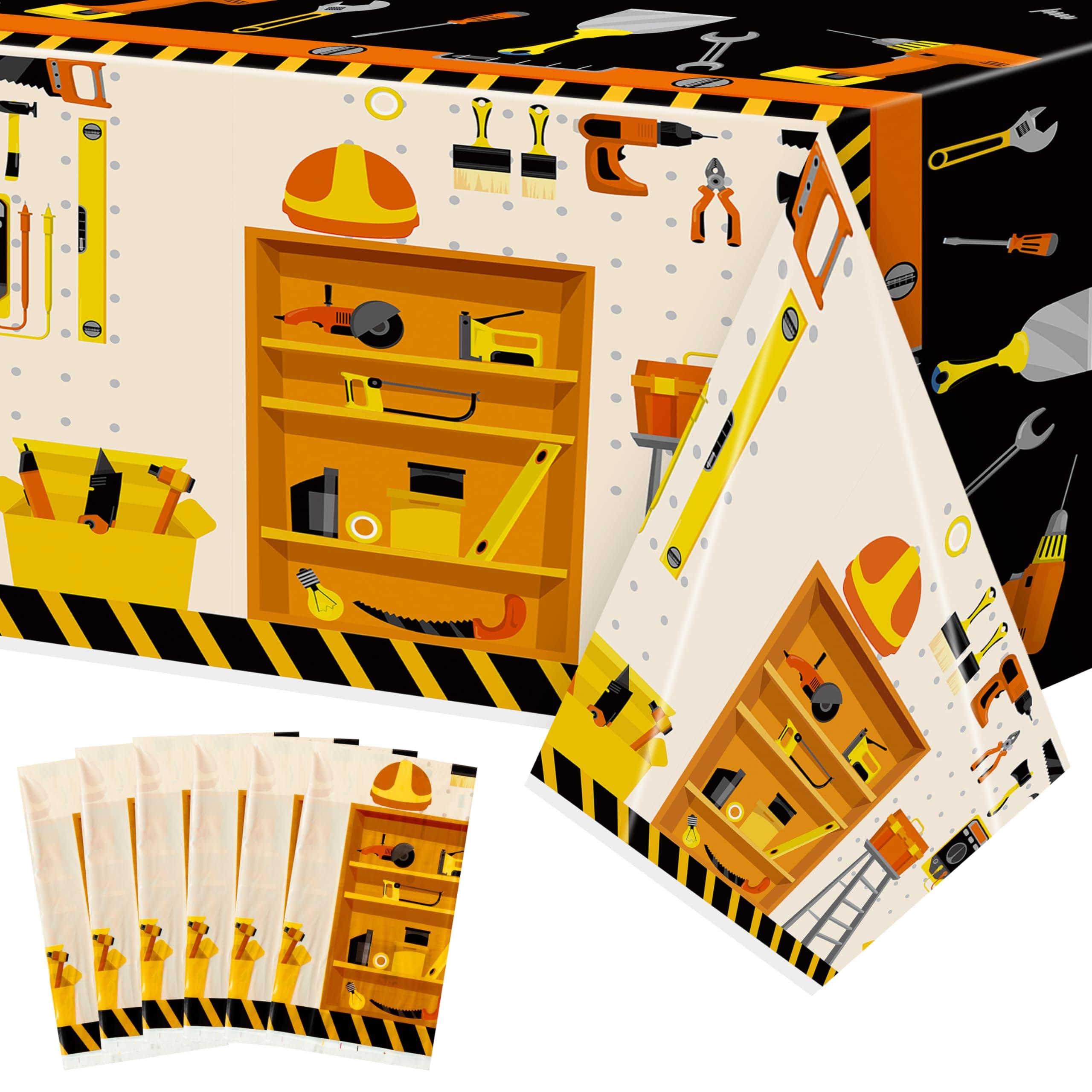 6 Packs Tool Theme Plastic Tablecloths Decoration Waterproof Rectangle Cute Tool TableCover Design with Hard Hat, Nuts, Bolts, Ladders, Spade Patterns for Kids Boys Birthday Party Supplies