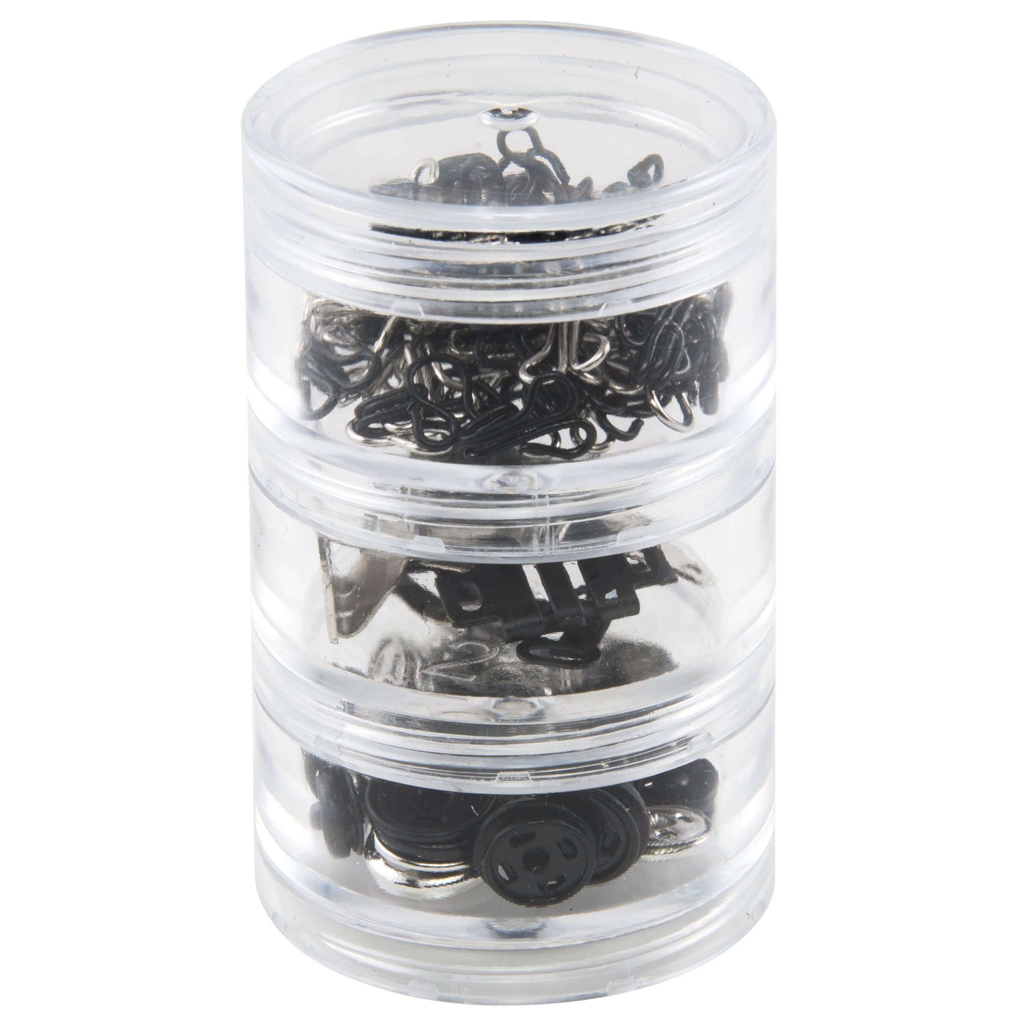 07400 Fastener Variety-Pack in Stackable Screw Top Container - 48 Hook & Eyes, 24 Sew-On Snaps, 6 Hook & Bars