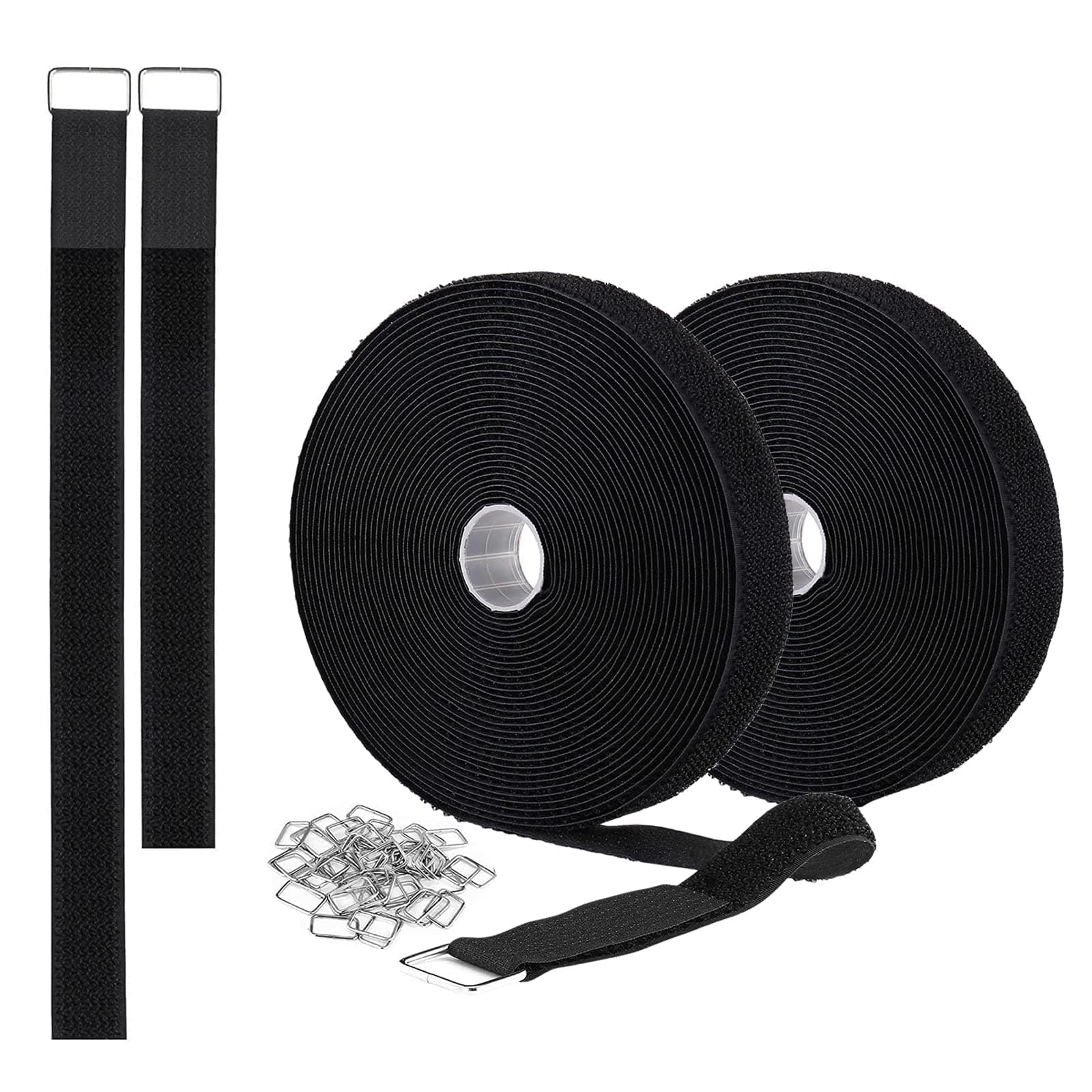 2 Rolls 32.2ft 1 Inch Wide Cable Ties, Jumpso Adjustable Fastening Zip Ties Hook and Loop Straps with 40 Metal Buckles, Reusable Nylon Cinch Straps for Organizer, Black
