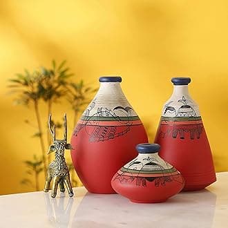 ARTYSTA BEAUTIFYING LIVES Earthenware 'Madhubani Jungle' Pink Handpainted Terracotta Oblong Flower Vase, Terracotta Decorative For Home Decor Earthen Flower Vases Pots For Home & Office (Set Of 3)