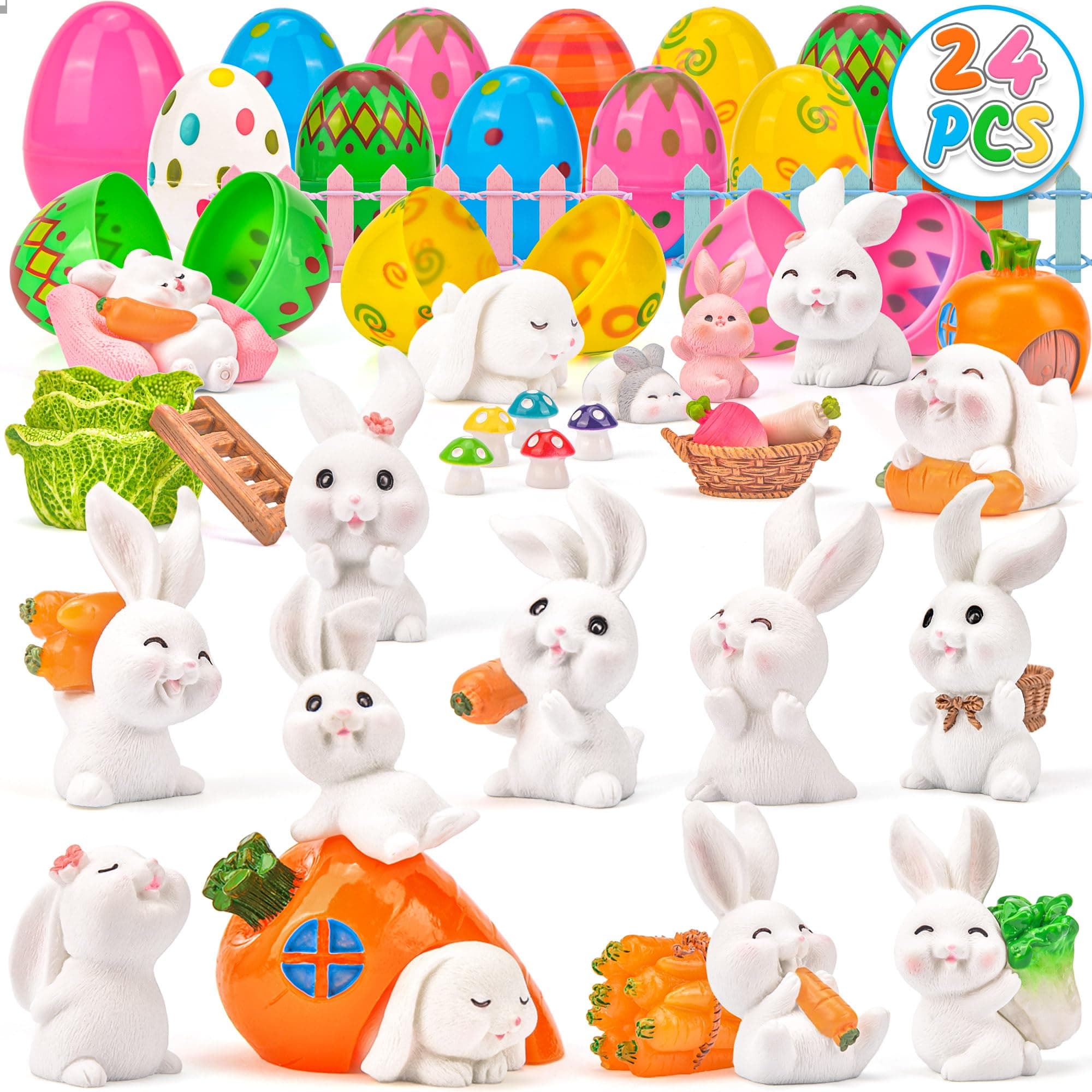 Noideeer 24 Pcs Prefilled Easter Eggs with Bunny, Bright Colorful Easter Eggs Prefilled with Rabbit for Fun Bath Bunny Rabbit, Easter Basket Stuffers and Bathtub Toys Party Favors