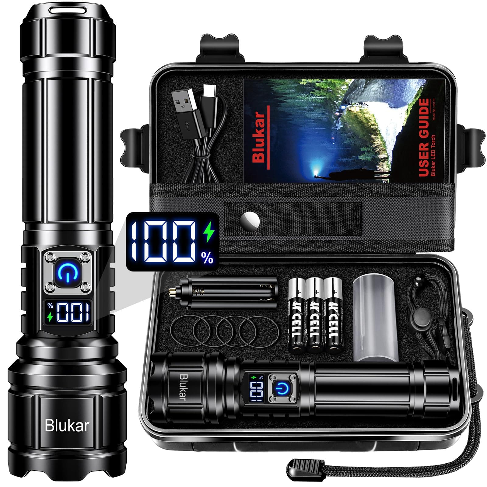 Torch Rechargeable, Ultra High Lumens Super Bright Flashlight, Adjustable Focus, 5 Modes, 5000 mAh Long Lasting, IP67 Waterproof, Smart Digital Display for Camping, Power Cuts, Emergency