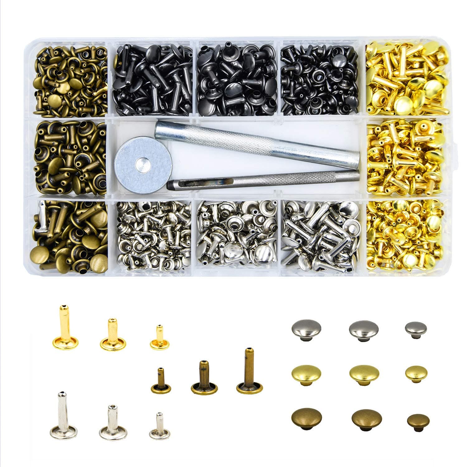 240 Sets Leather Rivets, Lynda Double Cap Rivet Fasteners with 3 Pieces Setting Tool Kit for DIY and Leather Crafts/Repairs/Decoration,3 Sizes 4 Colors