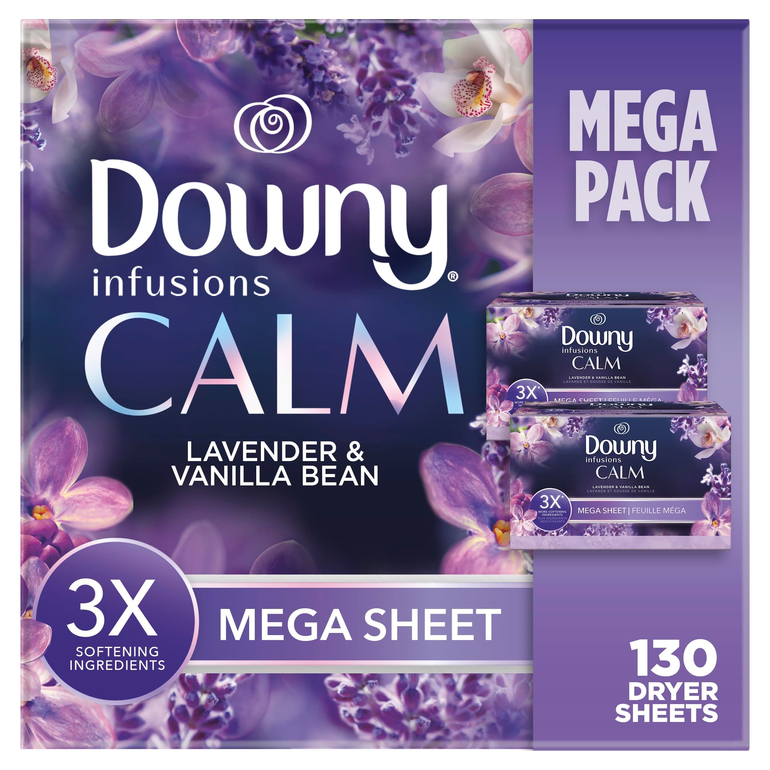Downy Infusions Mega Dryer Sheets, Laundry Fabric Softener, CALM, Lavender and Vanilla Bean, 130 Count