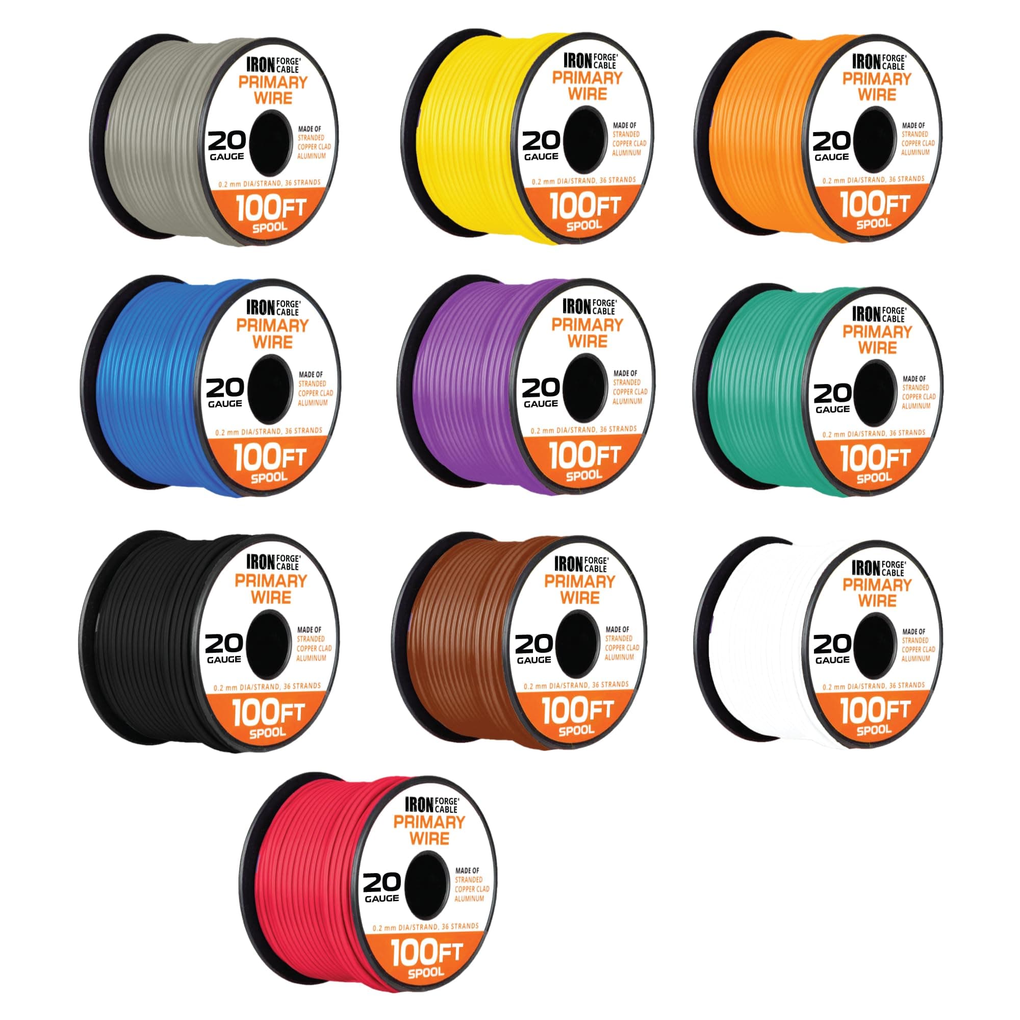 Iron Forge Cable 1000 ft 20 Gauge Wire - 100ft Copper Clad Aluminum Primary Wire per Roll - 20 AWG Heavy Duty Cables for Speakers - 10 Roll Assortment Pack