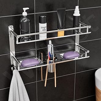 2 Tier Stainless Steel Bathroom Wall Shelf | X-Large Multipurpose Organizer Rack with Soap Dish, Toothbrush & Tumbler Holder, Towel Rod | Rust Free Mirror Finish (Silver)