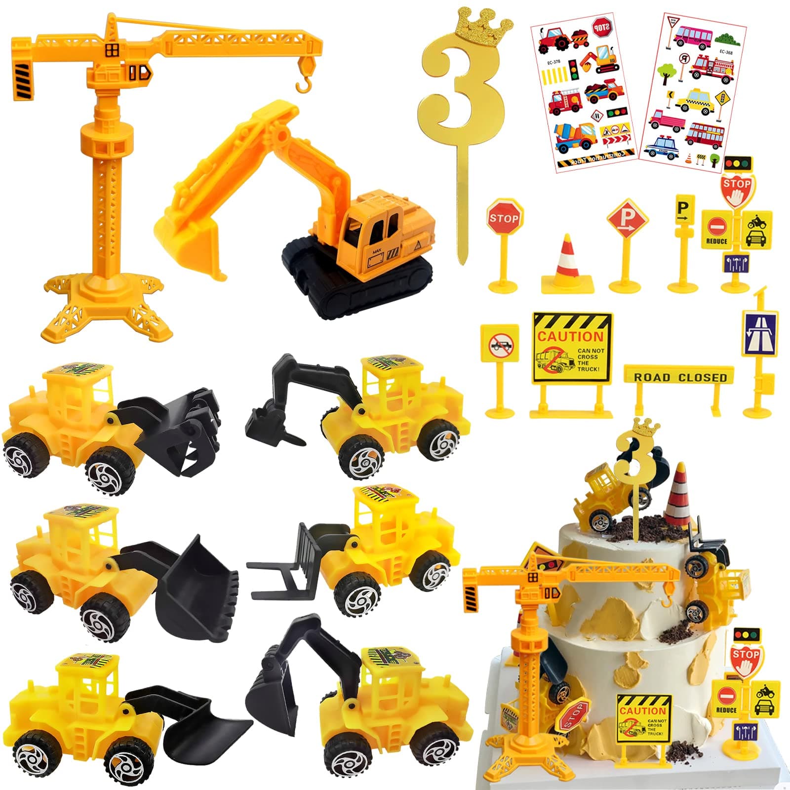 20 Pcs Construction Cake Decoration for 3 Year Old, Mini Vehicle Cake Topper, Digger Cake Toppers, Excavator Birthday Decorations for Boy Kids