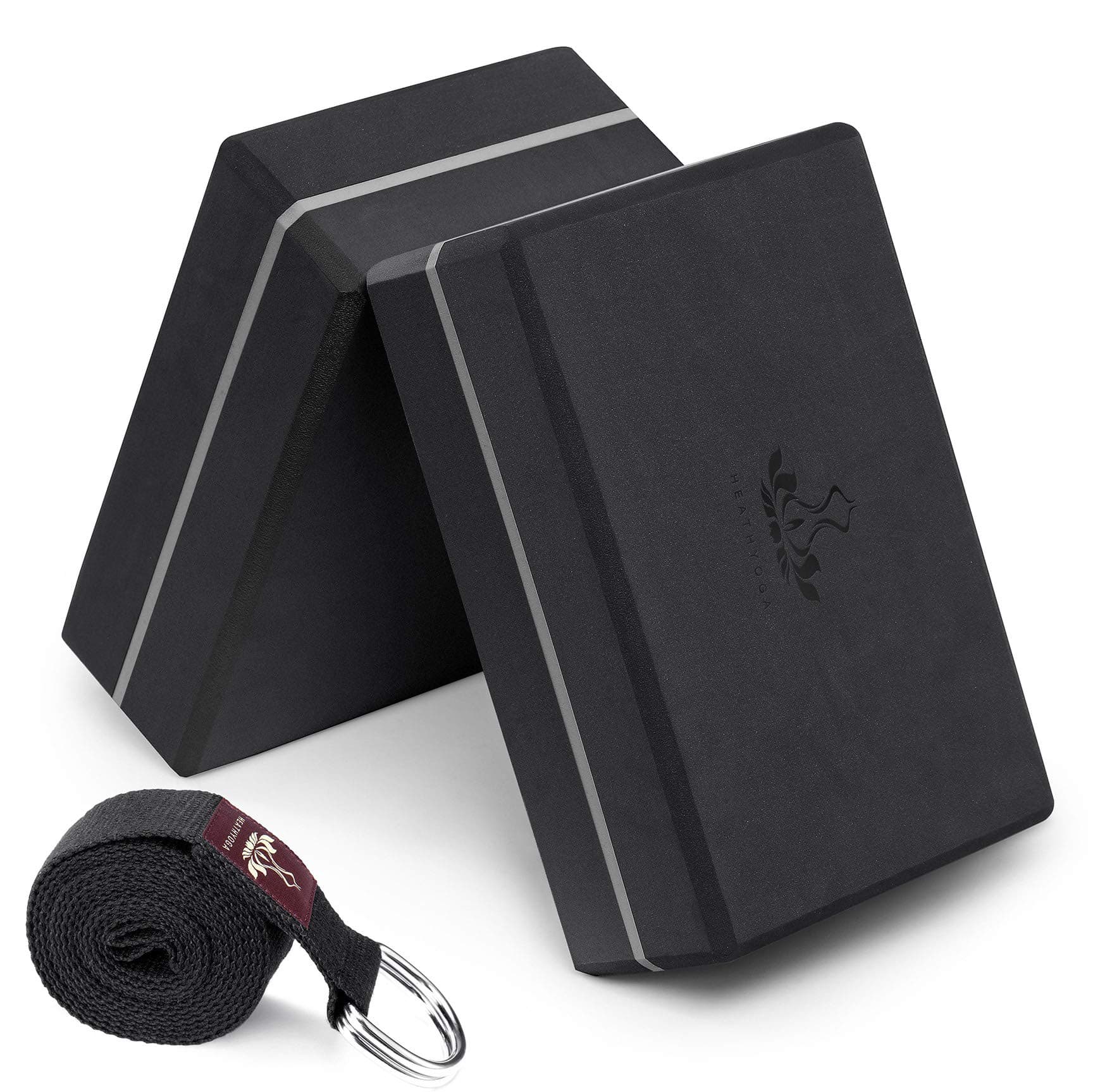 Yoga Blocks 2 Pack with Strap, High Density EVA Foam Yoga Block and Yoga Strap Set to Support and Improve Poses and Flexibility