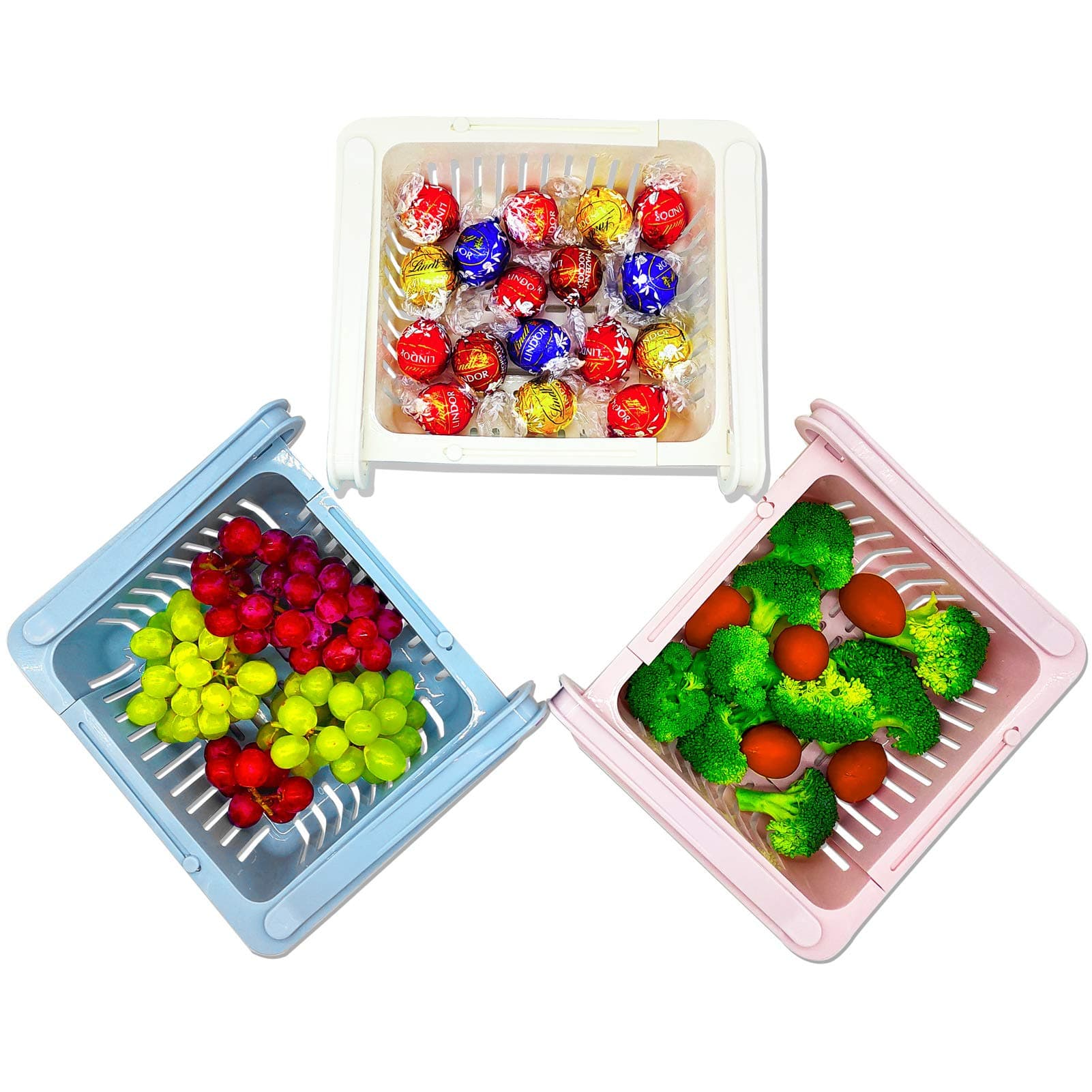 Fridge Drawer Organizer, Retractable Drawer Refrigerator Storage Box, Unique Design Pull Out Bins, Fridge Shelf Holder Storage Box, Small Size, Fit Fridge Shelf Under 0.6 inch Thick, 3 Pack